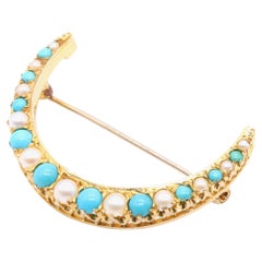 Antique Victorian 9K Yellow Gold Turquoise and Pearl Crescent Brooch