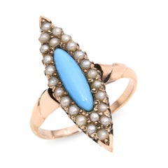 Antique Victorian 9K Yellow Gold Turquoise and Seed Pearl Navette Ring