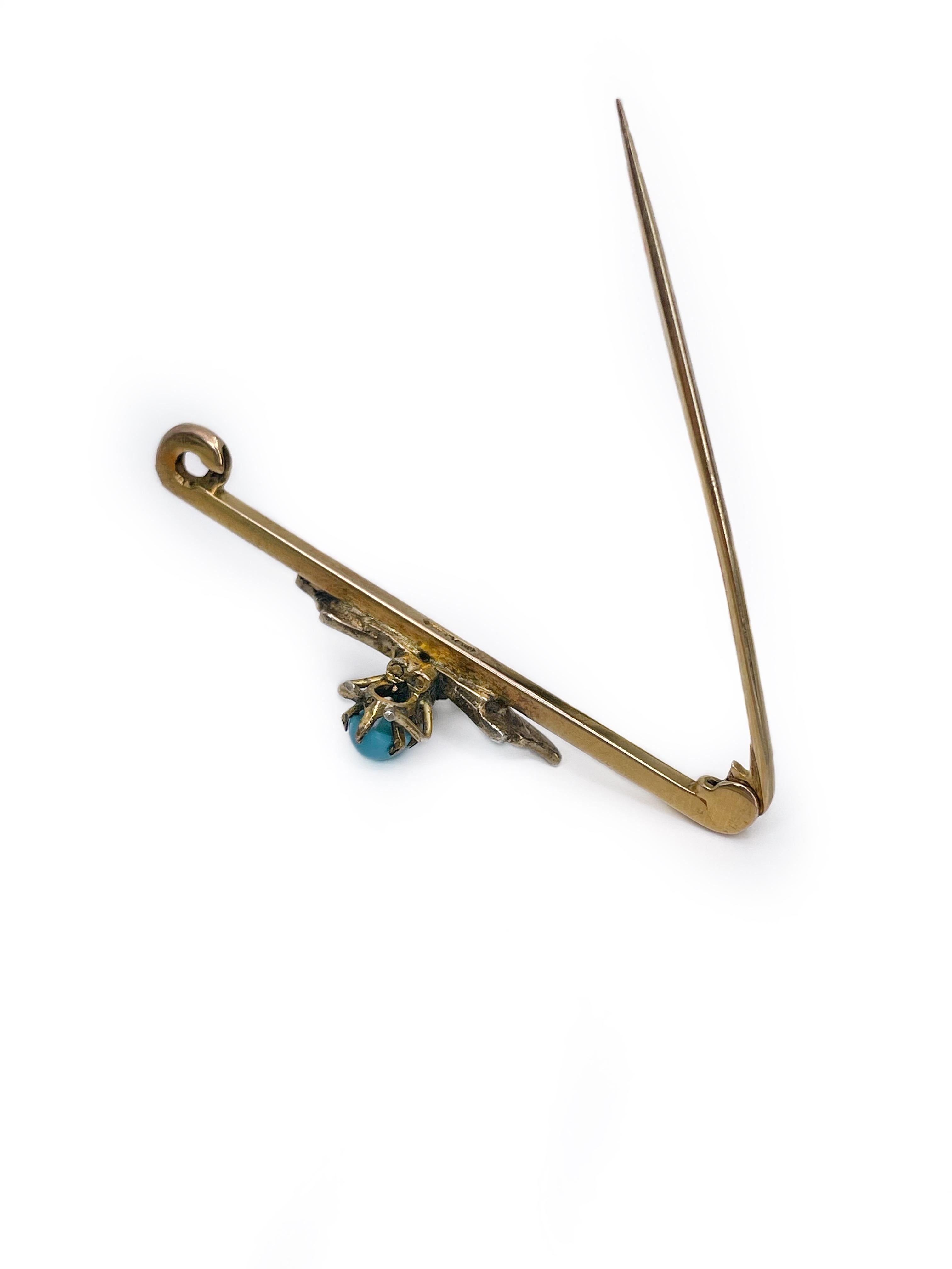 Antique Victorian 9 Karat Gold Turquoise Insect Bar Brooch In Good Condition In Vilnius, LT