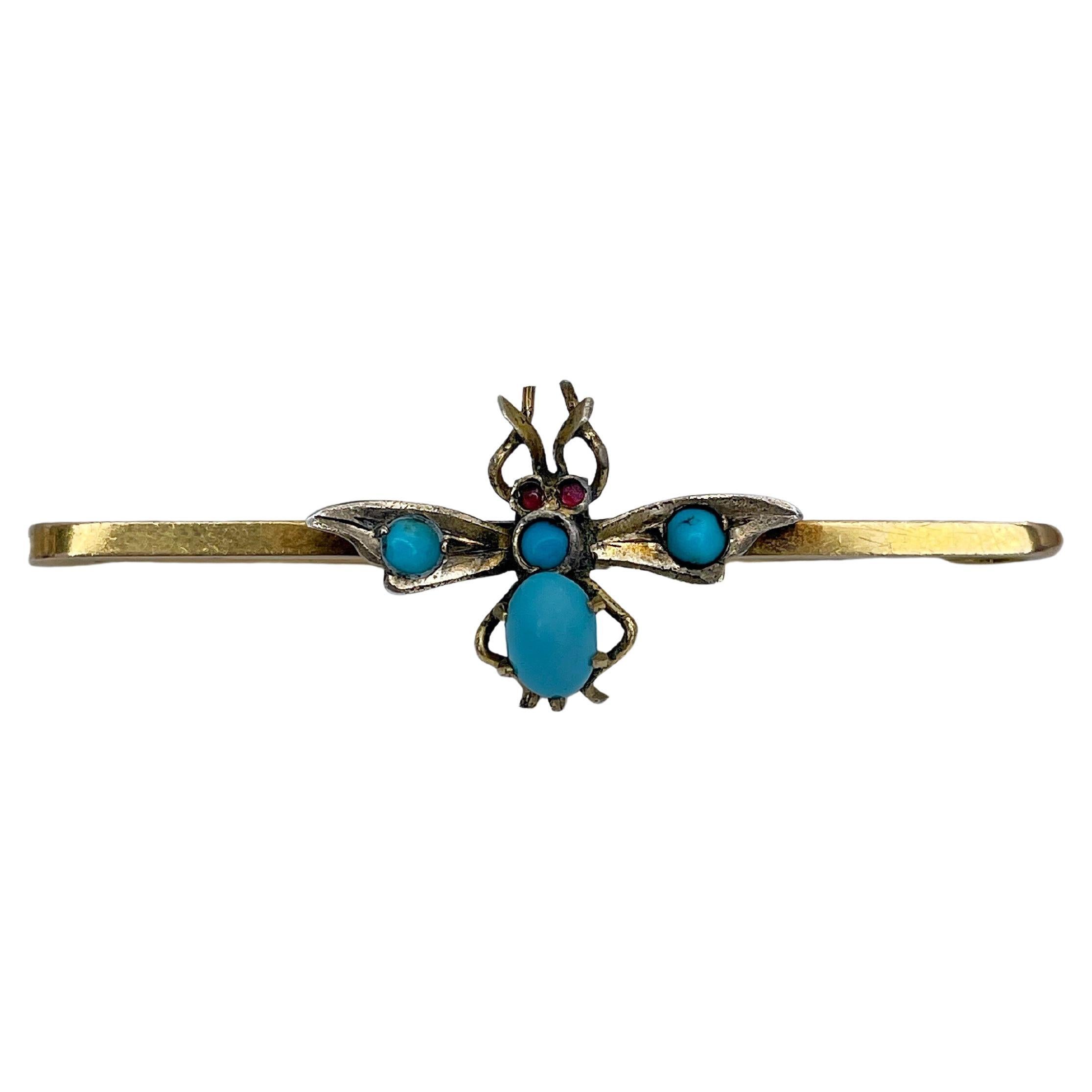 Antique Victorian 9 Karat Gold Turquoise Insect Bar Brooch