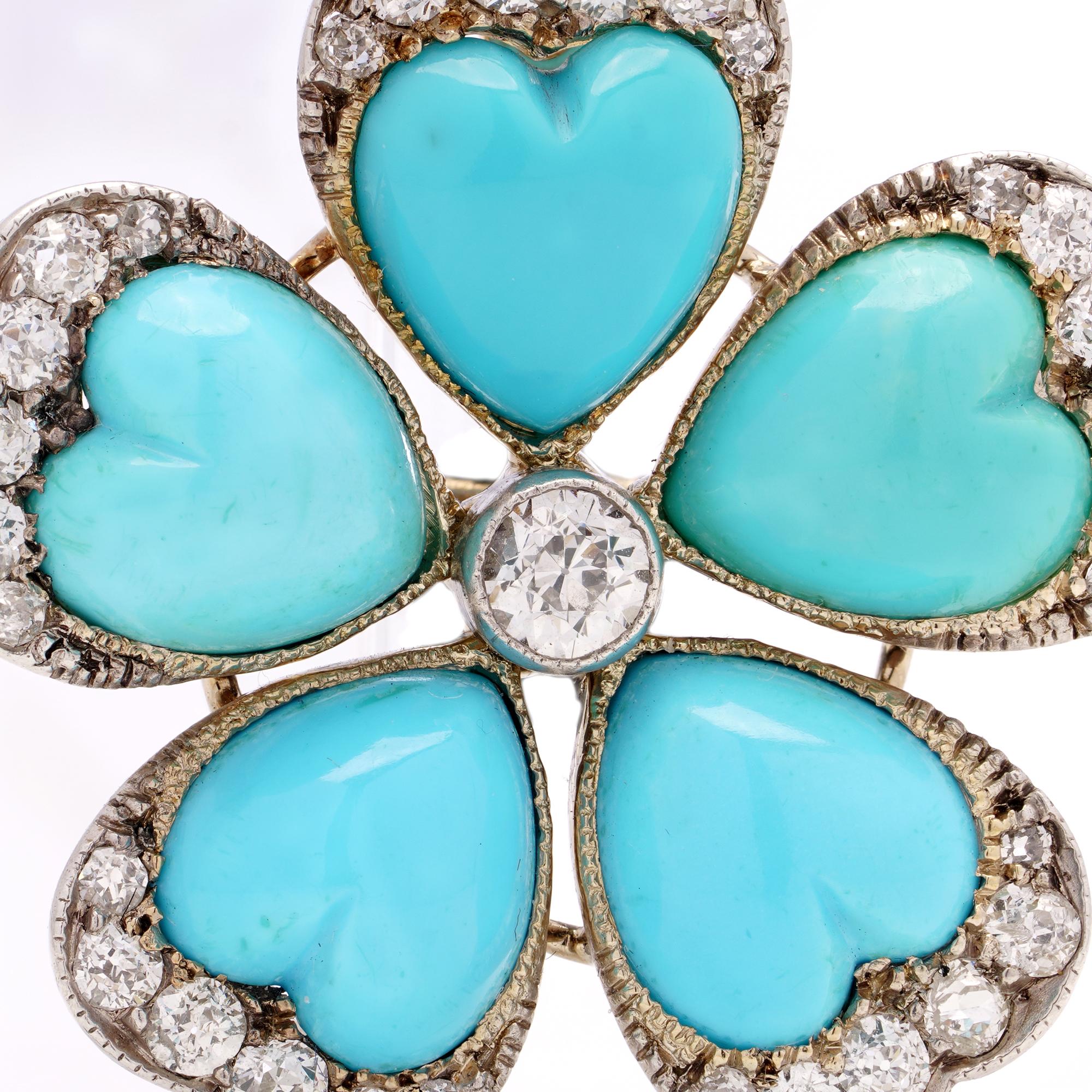 Old European Cut Antique Victorian 9kt gold and silver diamond turquoise flower head brooch For Sale