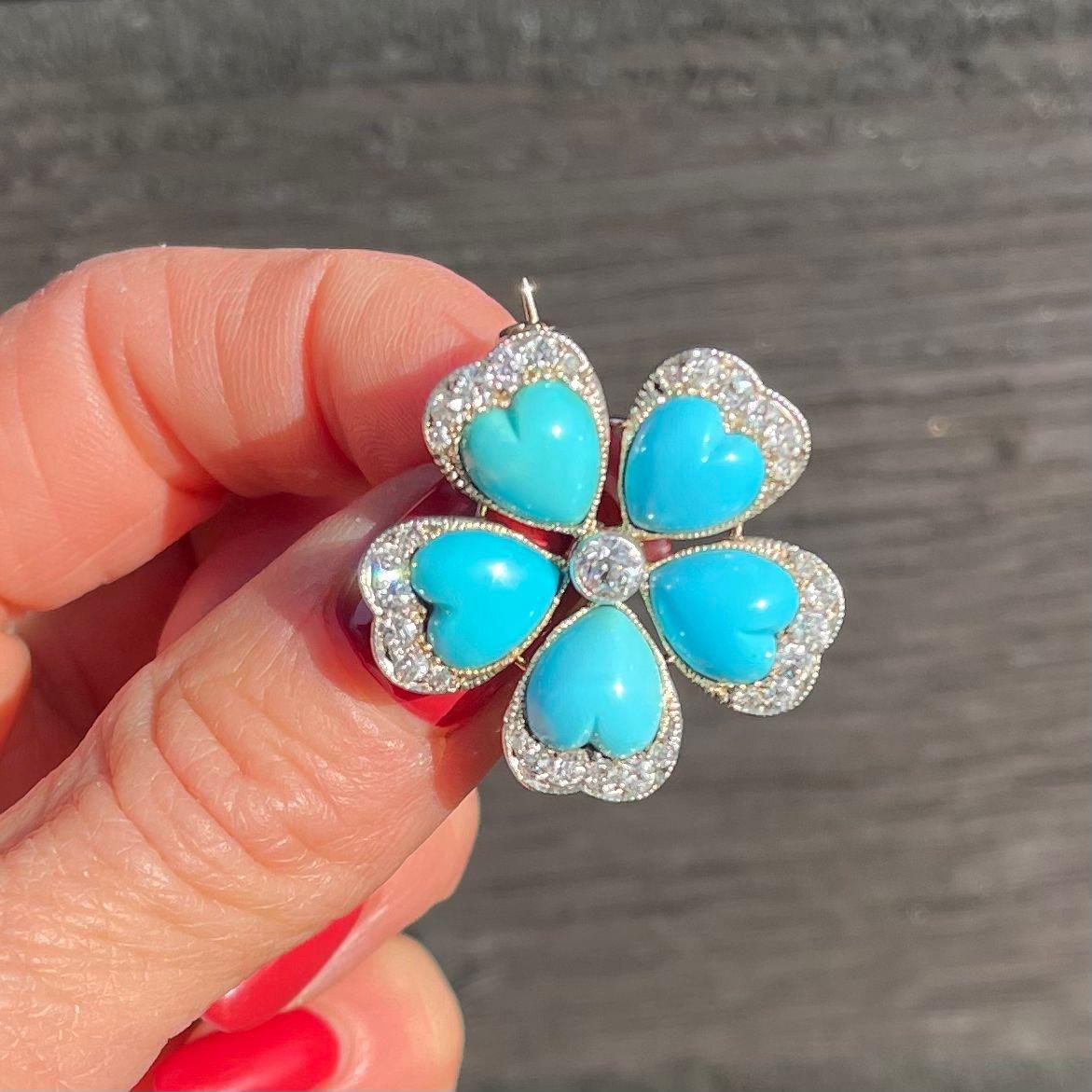 Antique Victorian 9kt yellow gold and silver diamond turquoise flower head brooch. 
Made in England, Circa 1890s 

The dimensions -
Size: 2.8 cm in width 
Weight: 7.00  grams

Turquoises -
Shape: heart 
Quantity: 4 
Size: 8 mm x 8 mm 

Diamonds