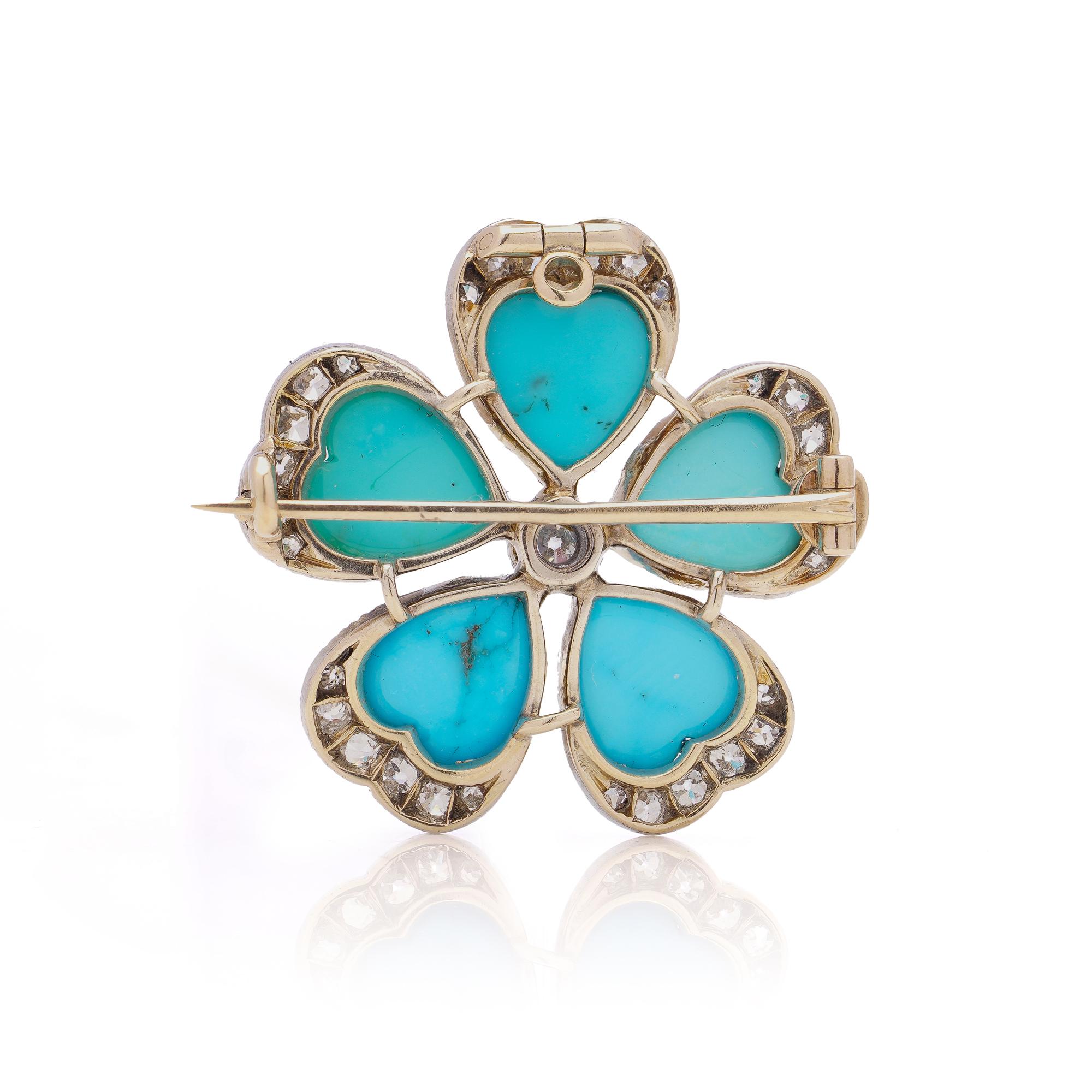 Antique Victorian 9kt gold and silver diamond turquoise flower head brooch In Good Condition For Sale In Braintree, GB