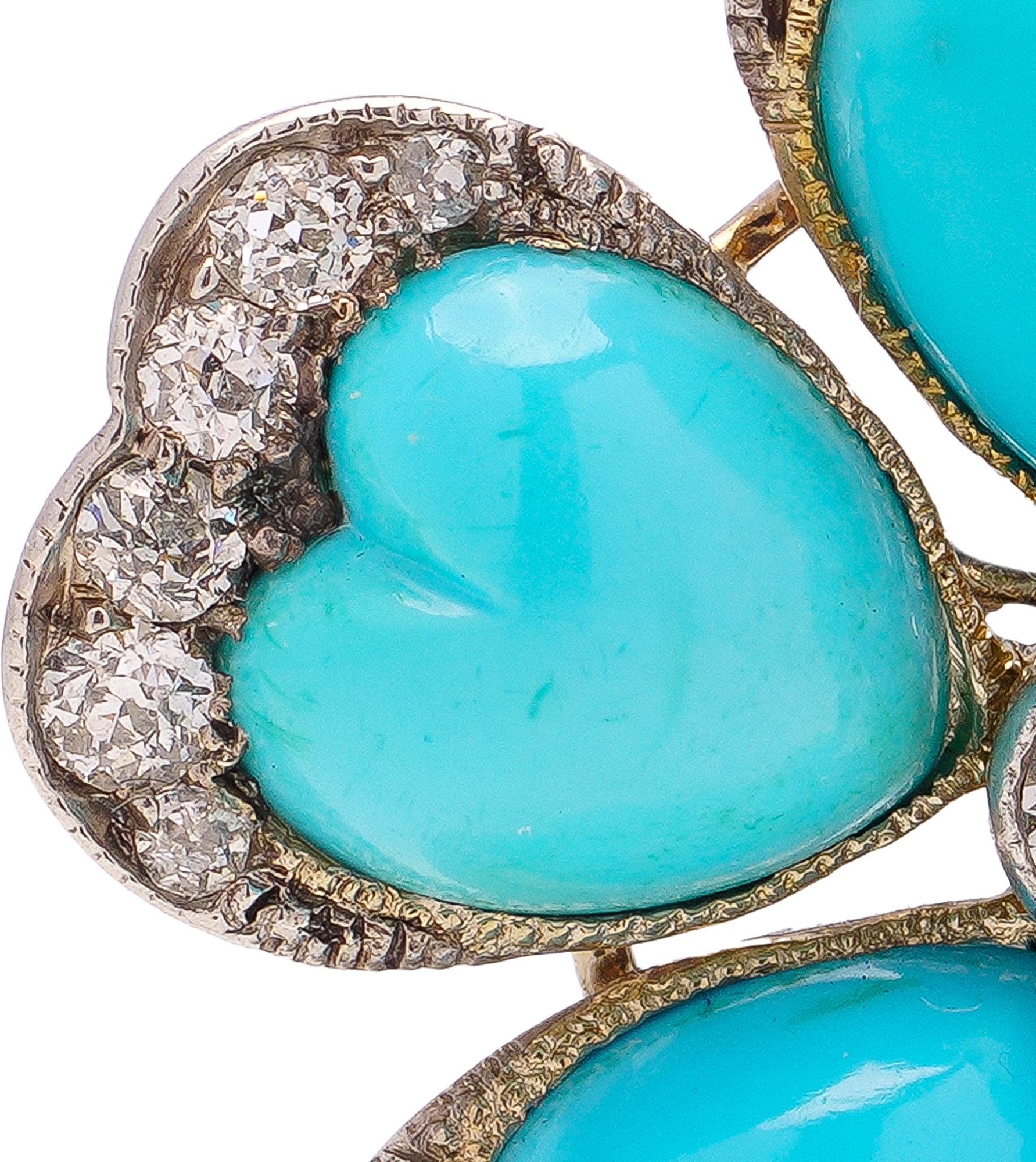 Women's Antique Victorian 9kt gold and silver diamond turquoise flower head brooch For Sale