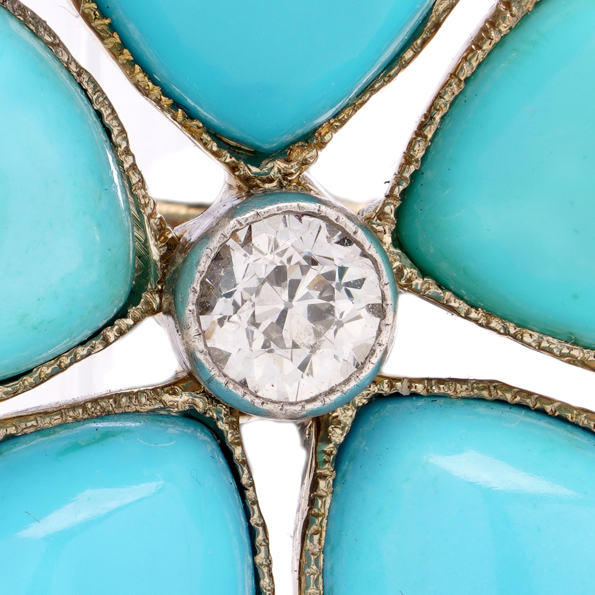 Antique Victorian 9kt gold and silver diamond turquoise flower head brooch For Sale 1