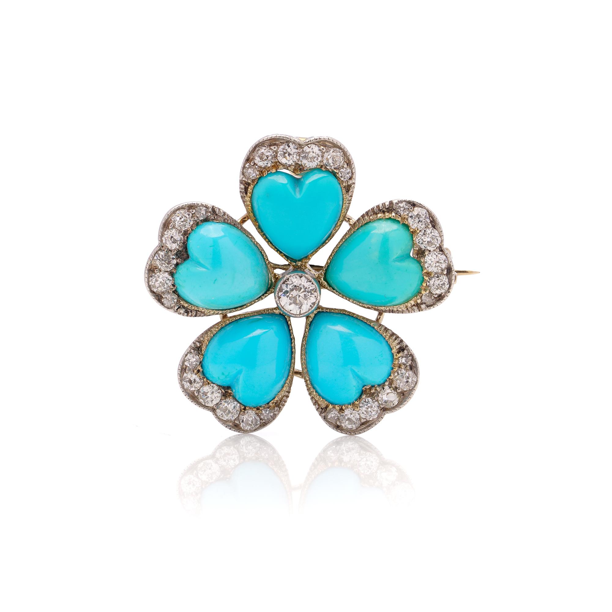 Antique Victorian 9kt gold and silver diamond turquoise flower head brooch For Sale 3