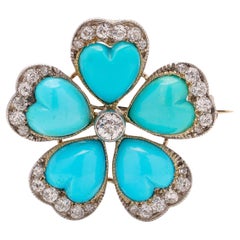 Antique Victorian 9kt gold and silver diamond turquoise flower head brooch