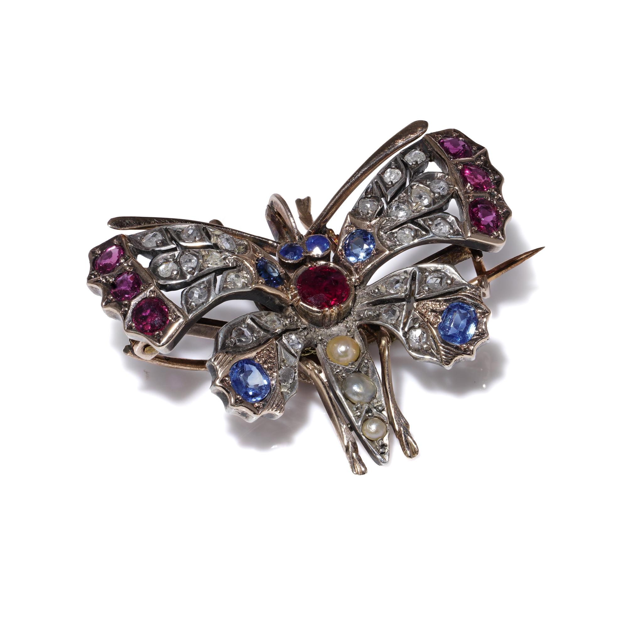 Round Cut Antique Victorian 9kt Gold & Silver Butterfly Brooch with Rubies, Sapphires, Dia For Sale
