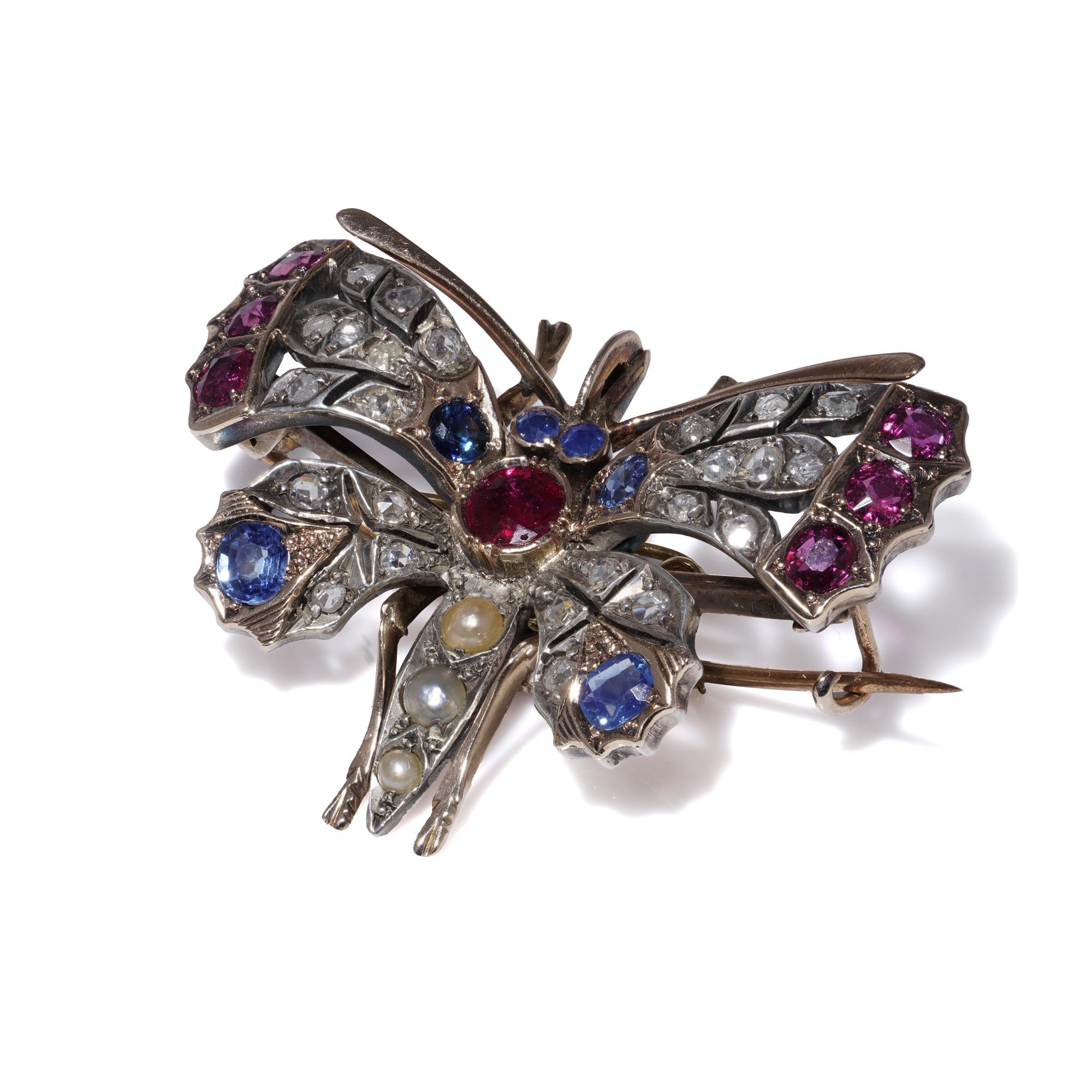 Antique Victorian 9kt Gold & Silver Butterfly Brooch with Rubies, Sapphires, Dia In Good Condition For Sale In Braintree, GB
