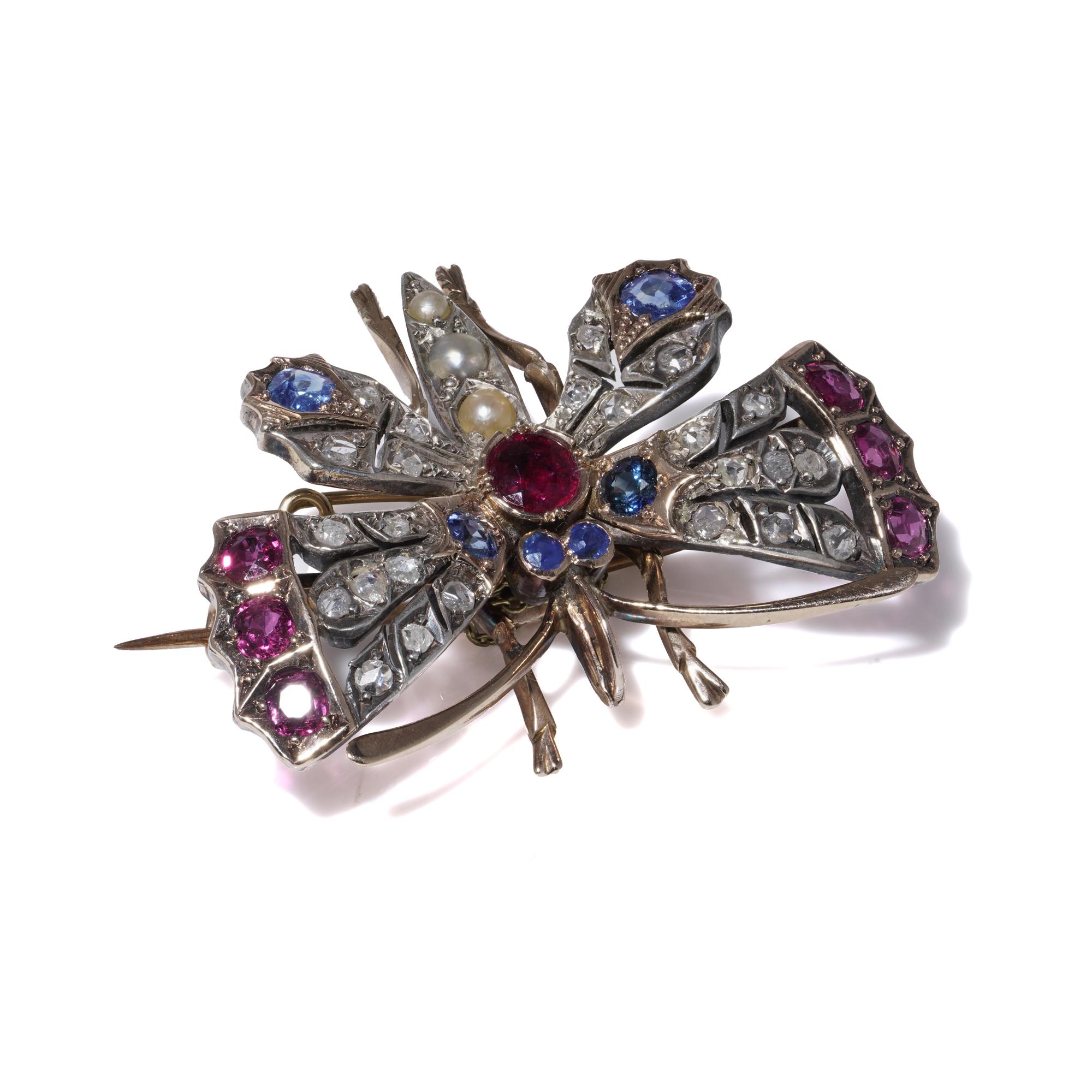 Women's Antique Victorian 9kt Gold & Silver Butterfly Brooch with Rubies, Sapphires, Dia For Sale