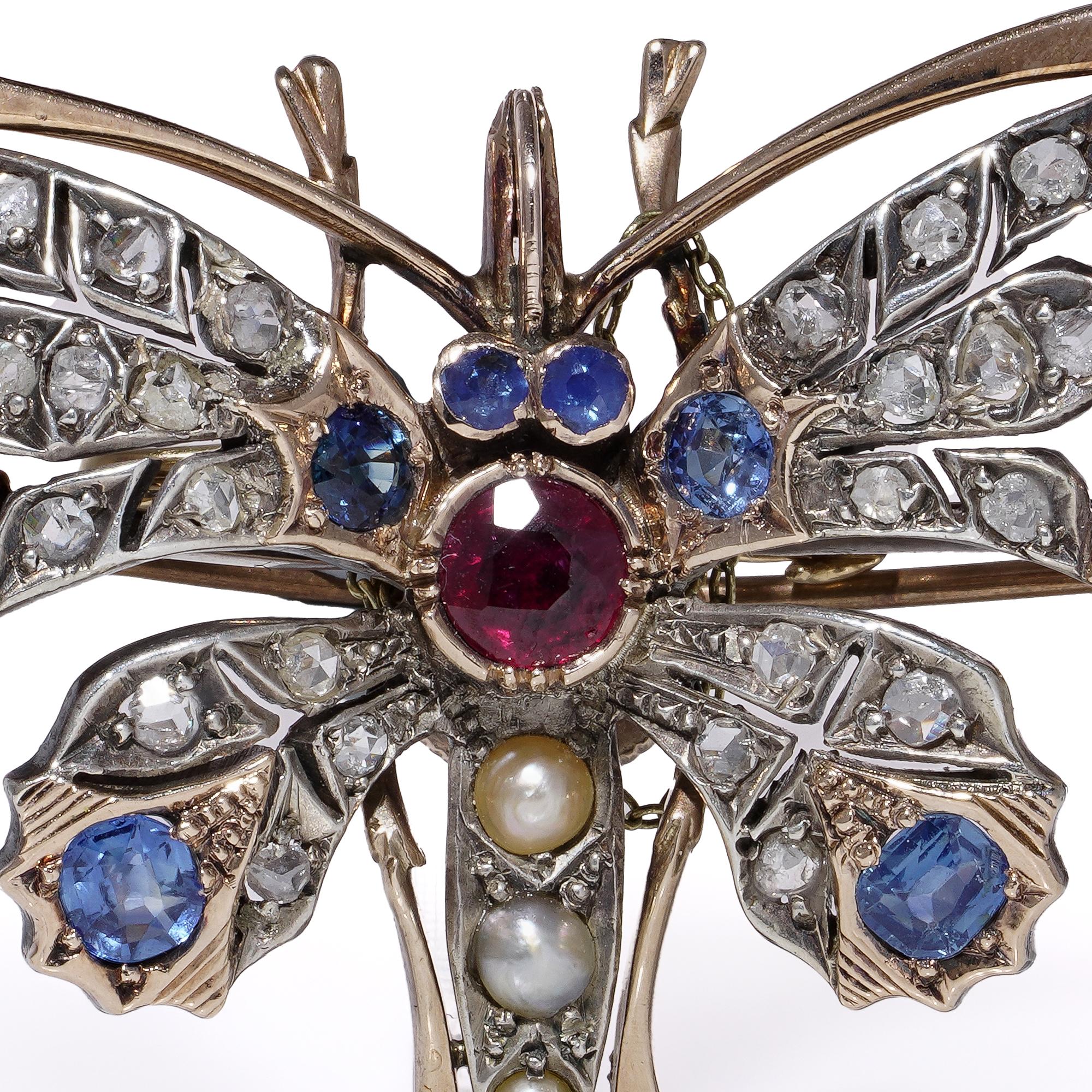 Antique Victorian 9kt Gold & Silver Butterfly Brooch with Rubies, Sapphires, Dia For Sale 2