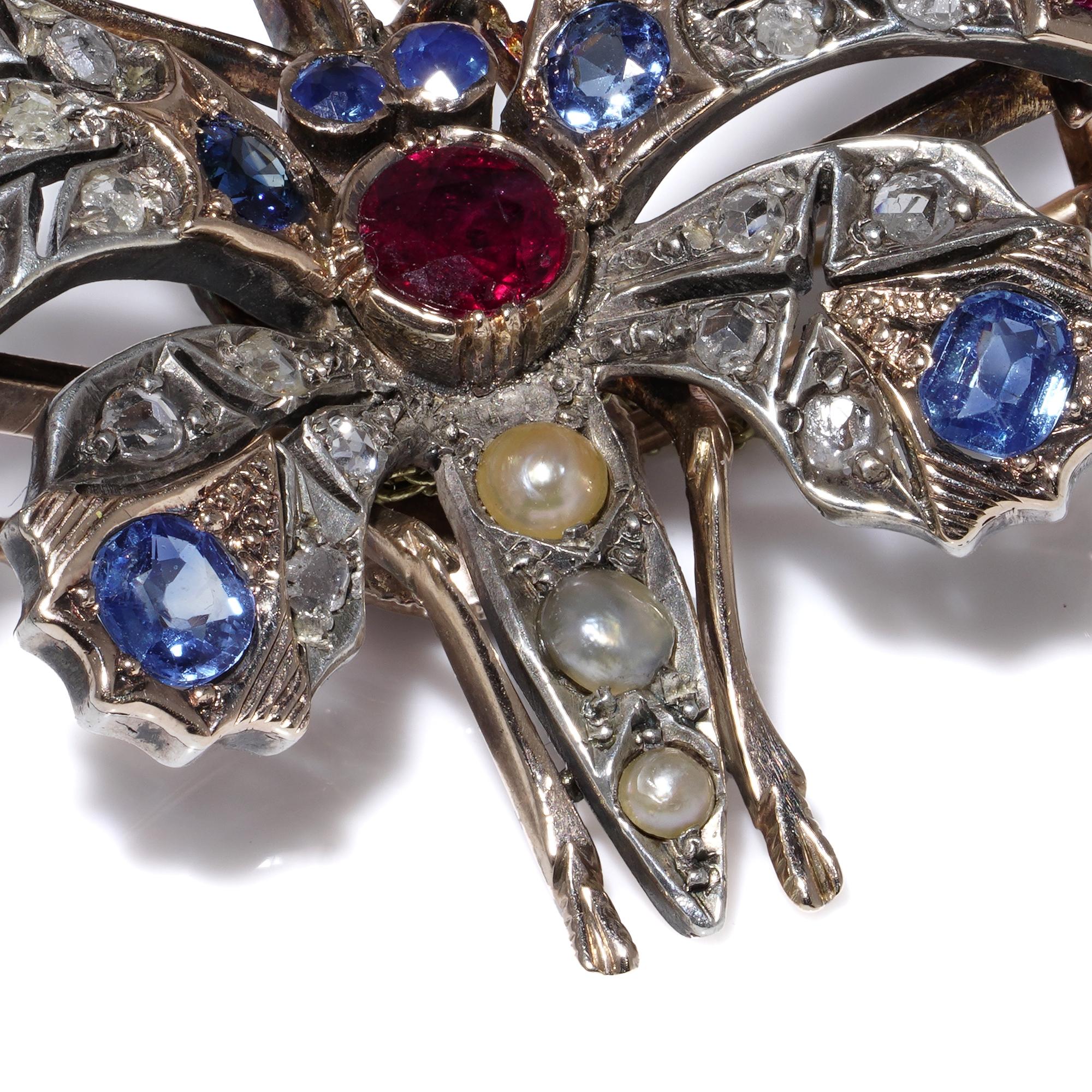 Antique Victorian 9kt Gold & Silver Butterfly Brooch with Rubies, Sapphires, Dia For Sale 3