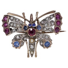 Antique Victorian 9kt Gold & Silver Butterfly Brooch with Rubies, Sapphires, Dia