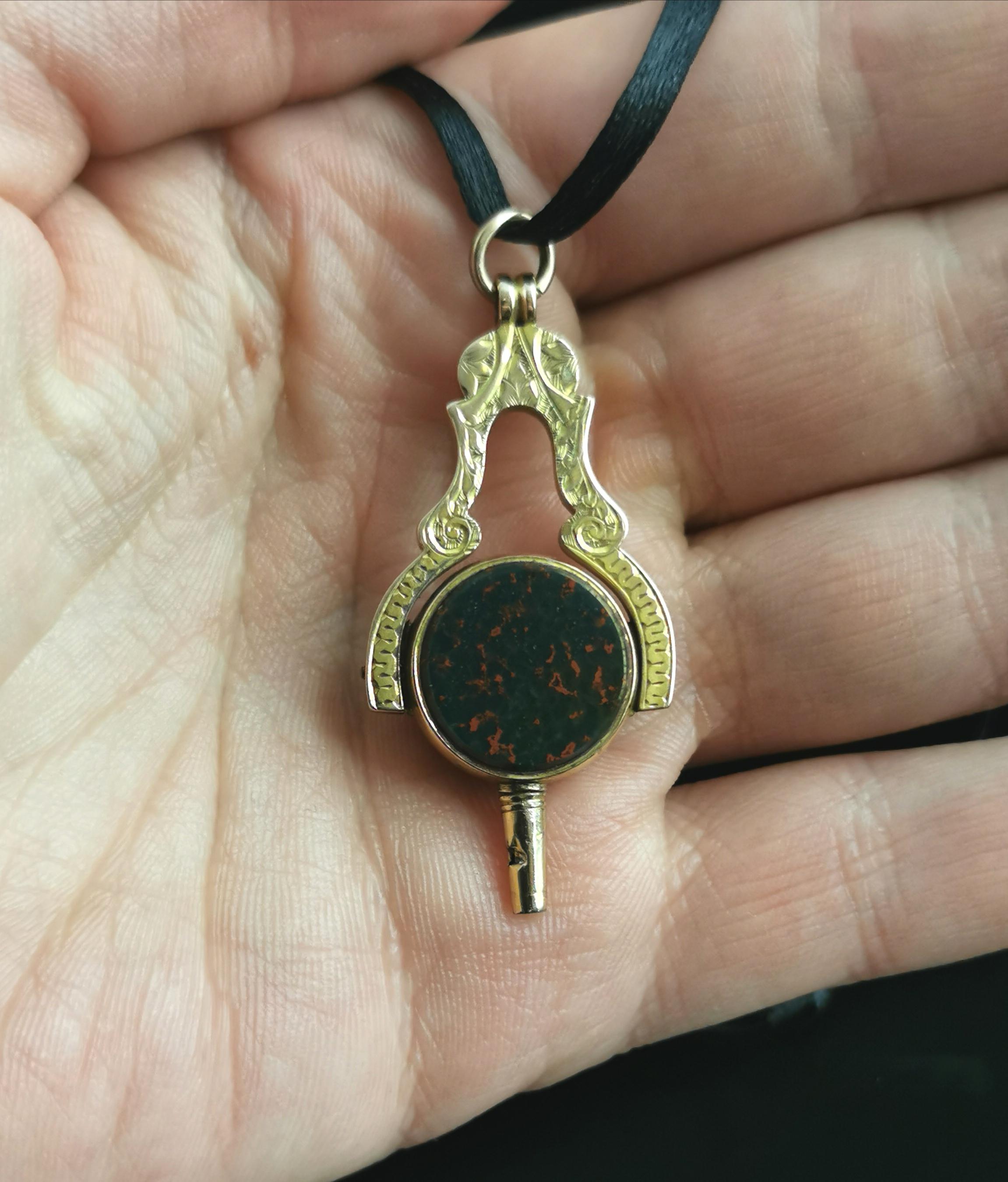 Antique Victorian 9kt Gold Watch Key Seal Fob Pendant, Masonic, Bloodstone 5