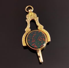 Antique Victorian 9kt Gold Watch Key Seal Fob Pendant, Masonic, Bloodstone