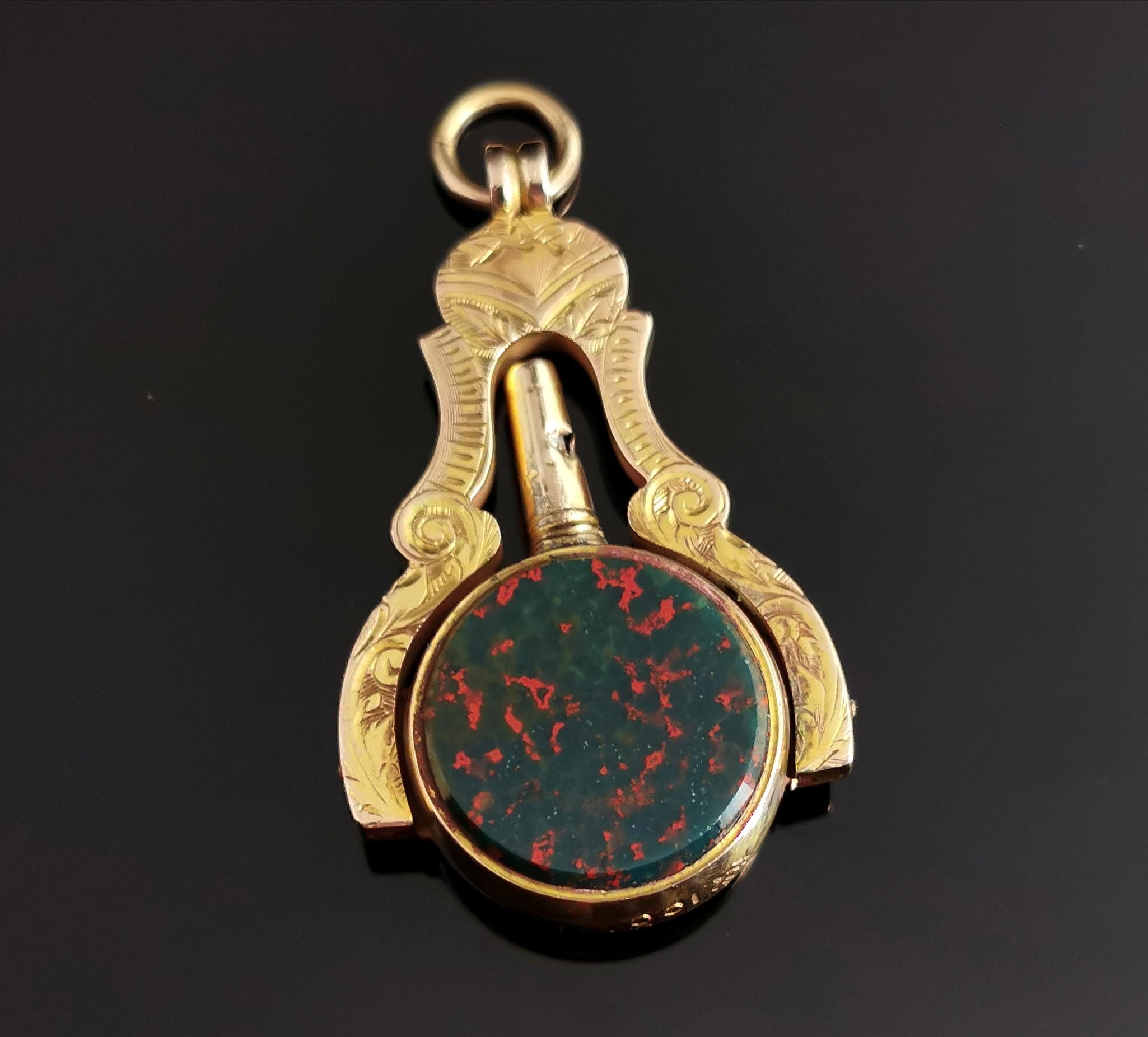Women's or Men's Antique Victorian 9kt Gold Watch Key Seal Fob Pendant, Masonic, Bloodstone