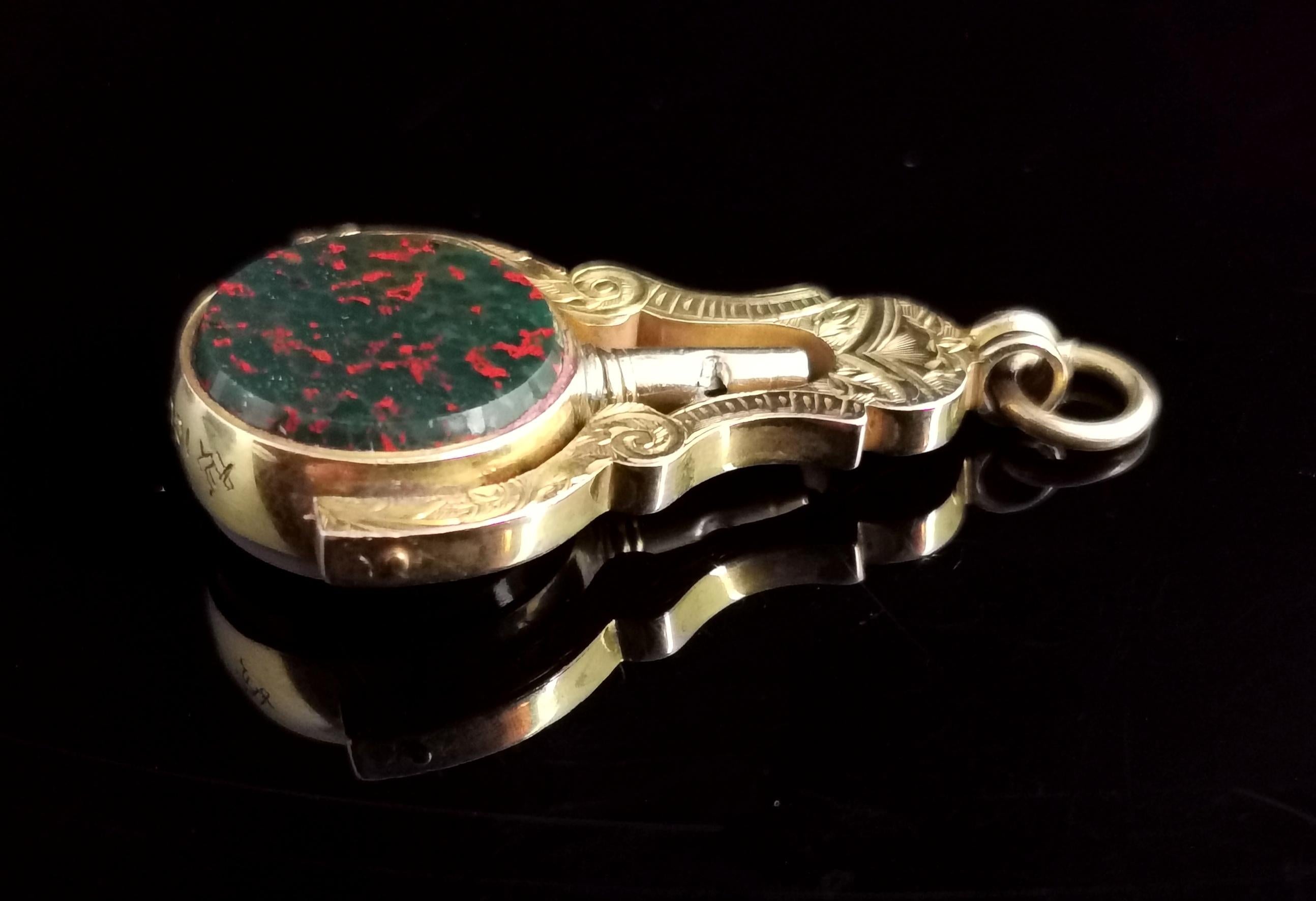 Antique Victorian 9kt Gold Watch Key Seal Fob Pendant, Masonic, Bloodstone 4