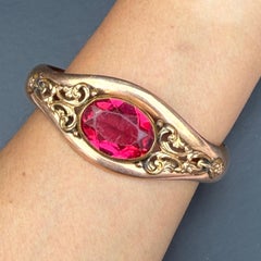 Antique Victorian AC & Co. Rose Gold-Filled Hinged Bangle Pink Glass Cabochon