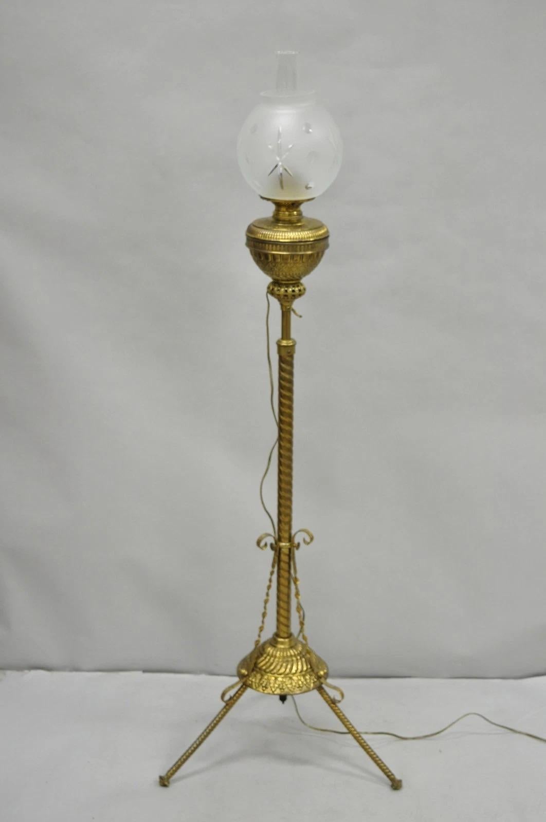 Antique Victorian Adjustable Height Brass Converted Oil Lamp Piano Floor Lamp For Sale 13
