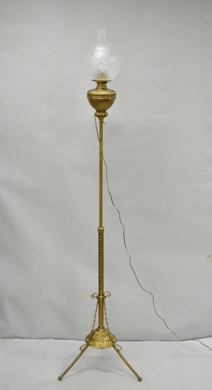 Antique Victorian Adjustable Height Brass Converted Oil Lamp Piano Floor Lamp For Sale 14