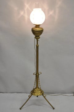 Antique Victorian Adjustable Height Brass Converted Oil Lamp Piano Floor Lamp