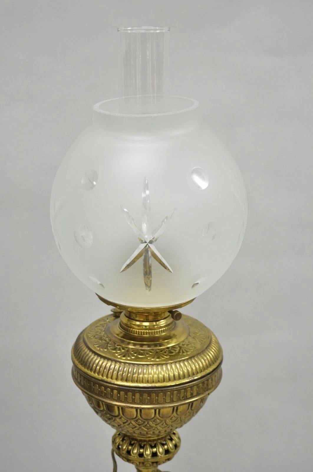 Antique Victorian Adjustable Height Brass Converted Oil Lamp Piano Floor Lamp In Good Condition For Sale In Philadelphia, PA