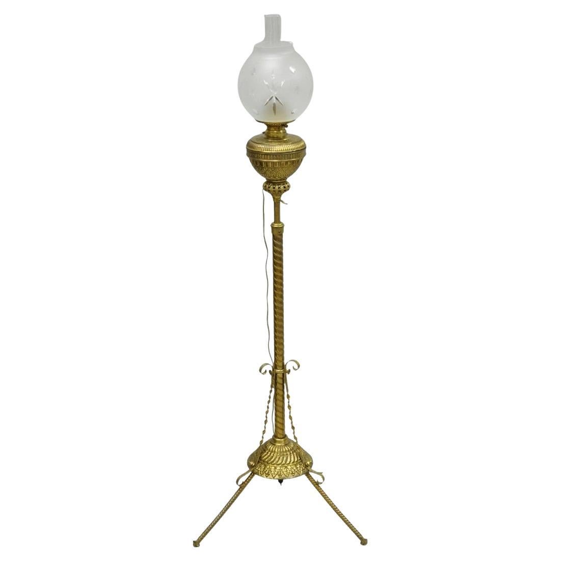 Antique Victorian Adjustable Height Brass Converted Oil Lamp Piano Floor Lamp For Sale