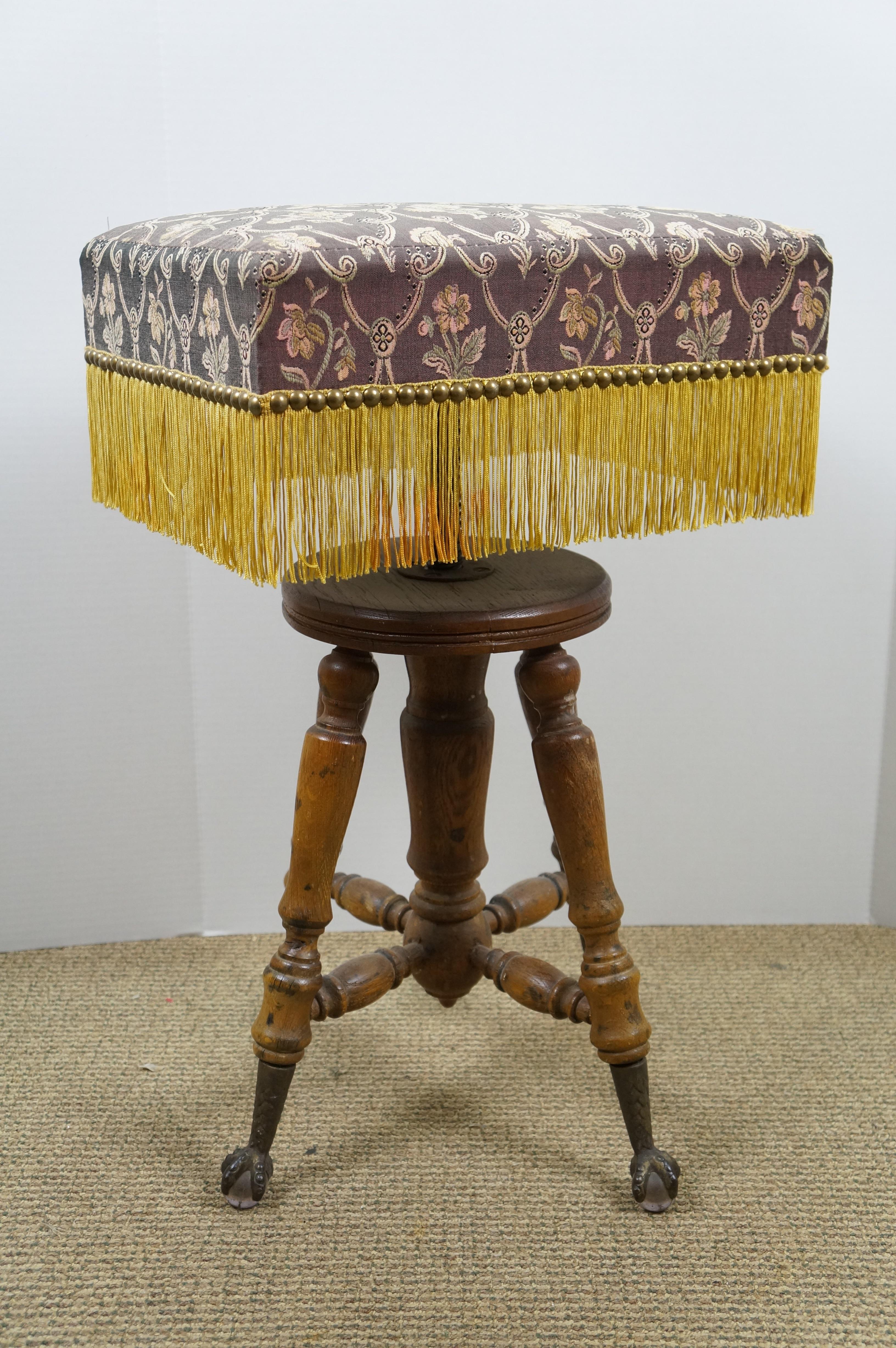 Ancien Tabouret de Piano en Oak Ball and Claw ajustable, Victorien, Banc Ottoman 25