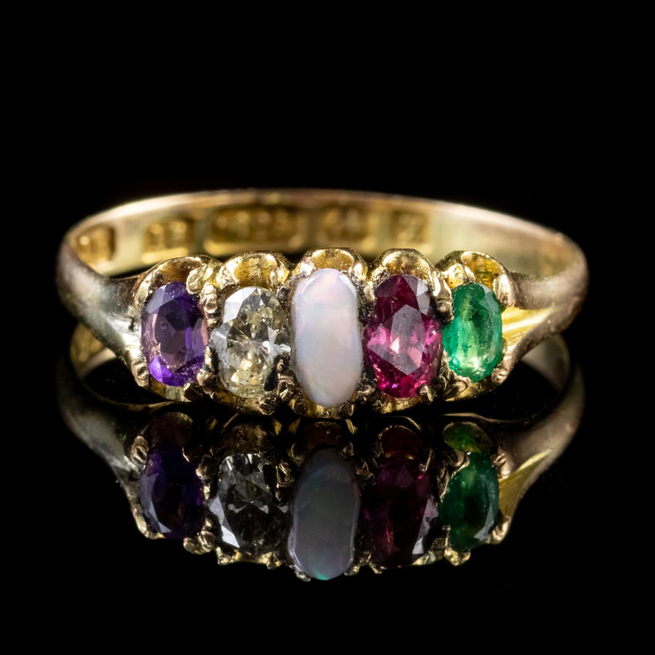 This beautiful Antique Victorian Adore ring has been commissioned in 15ct Yellow Gold and comes fully hallmarked.

The ring features five claw set gemstones which from left to right are an Amethyst (approx. 0.10ct), a Diamond (approx. 0.15ct), an