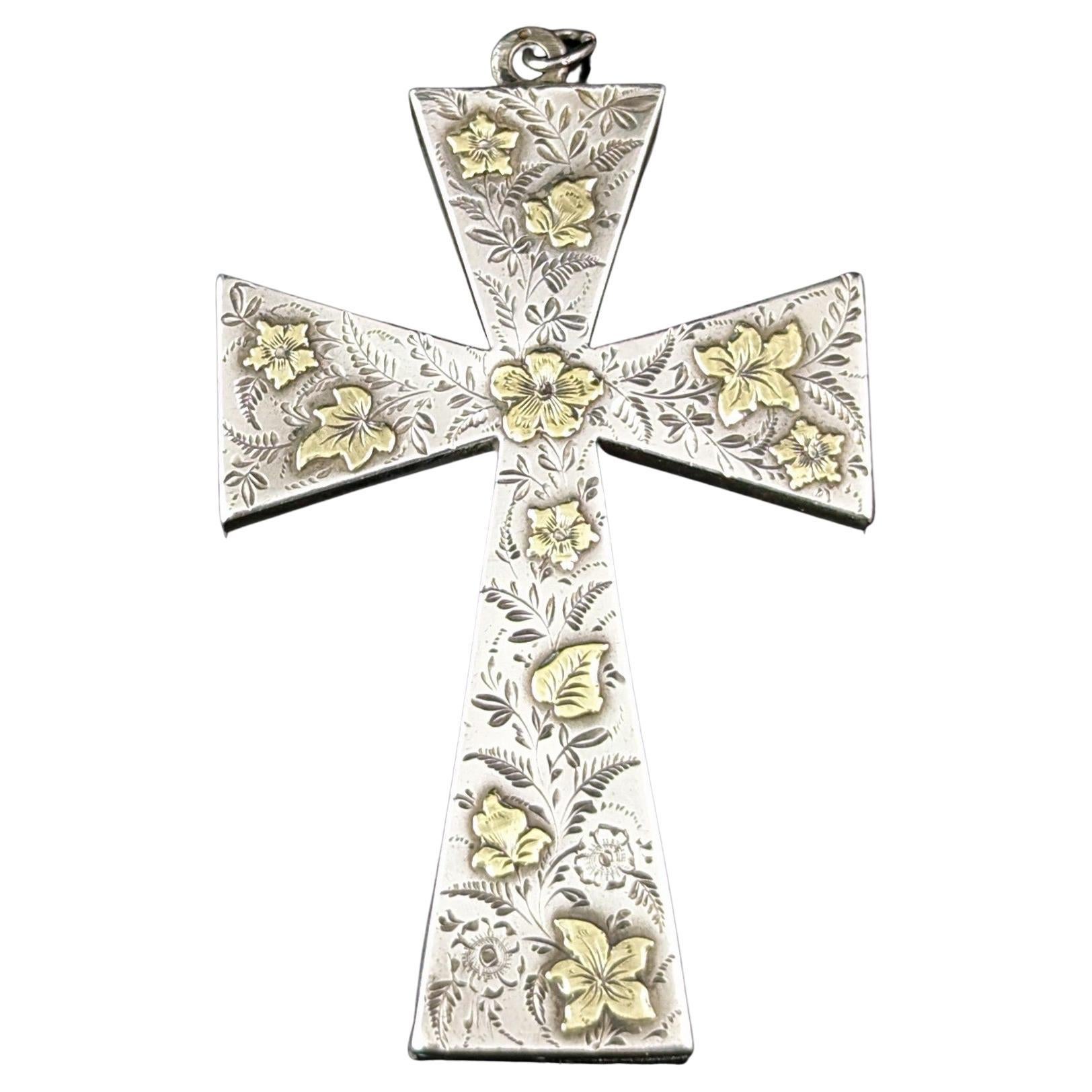 Antique Victorian Aesthetic cross pendant, sterling silver and 9k gold  For Sale