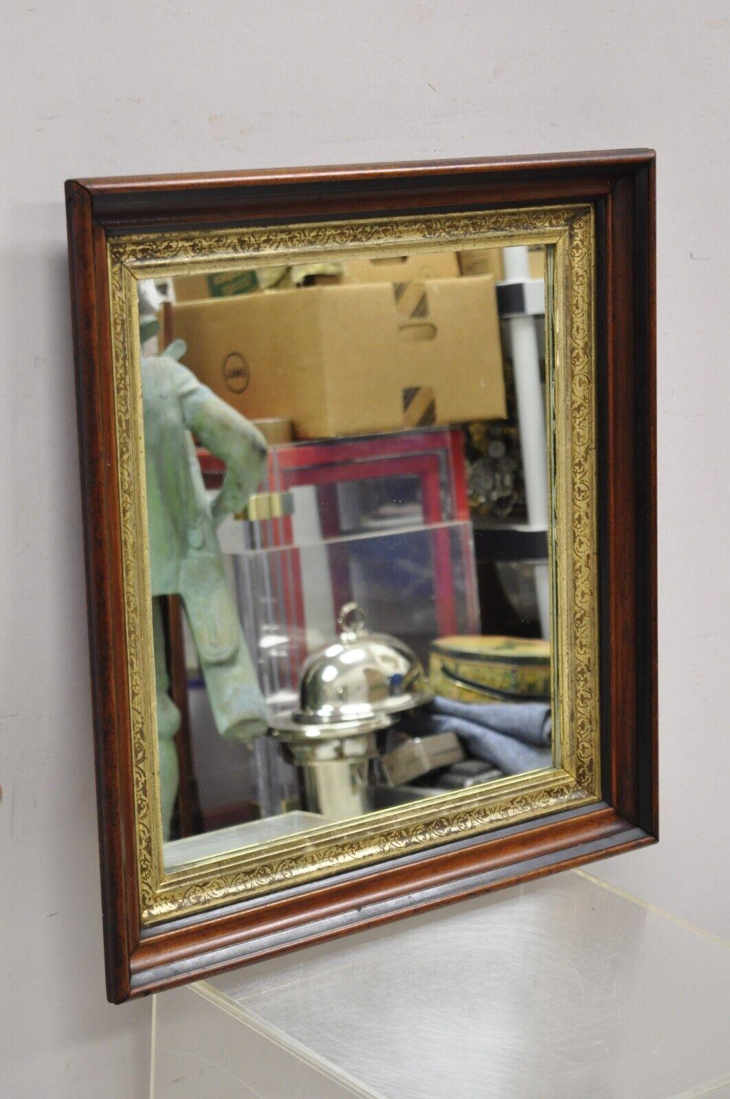 Antique Victorian aesthetic deep shadow box mahogany frame wall mirror 24 x 22.5. Item features gold gilt details. Solid wood frame, beautiful woodgrain, very nice antique item, quality American craftsmanship, circa 19th century. Measurements: 24