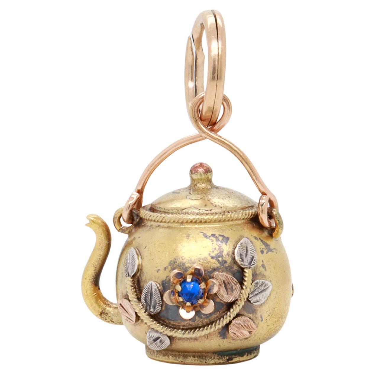 Antique Victorian / Aesthetic Gold-Filled Figural Teapot Watch Fob / Charm For Sale