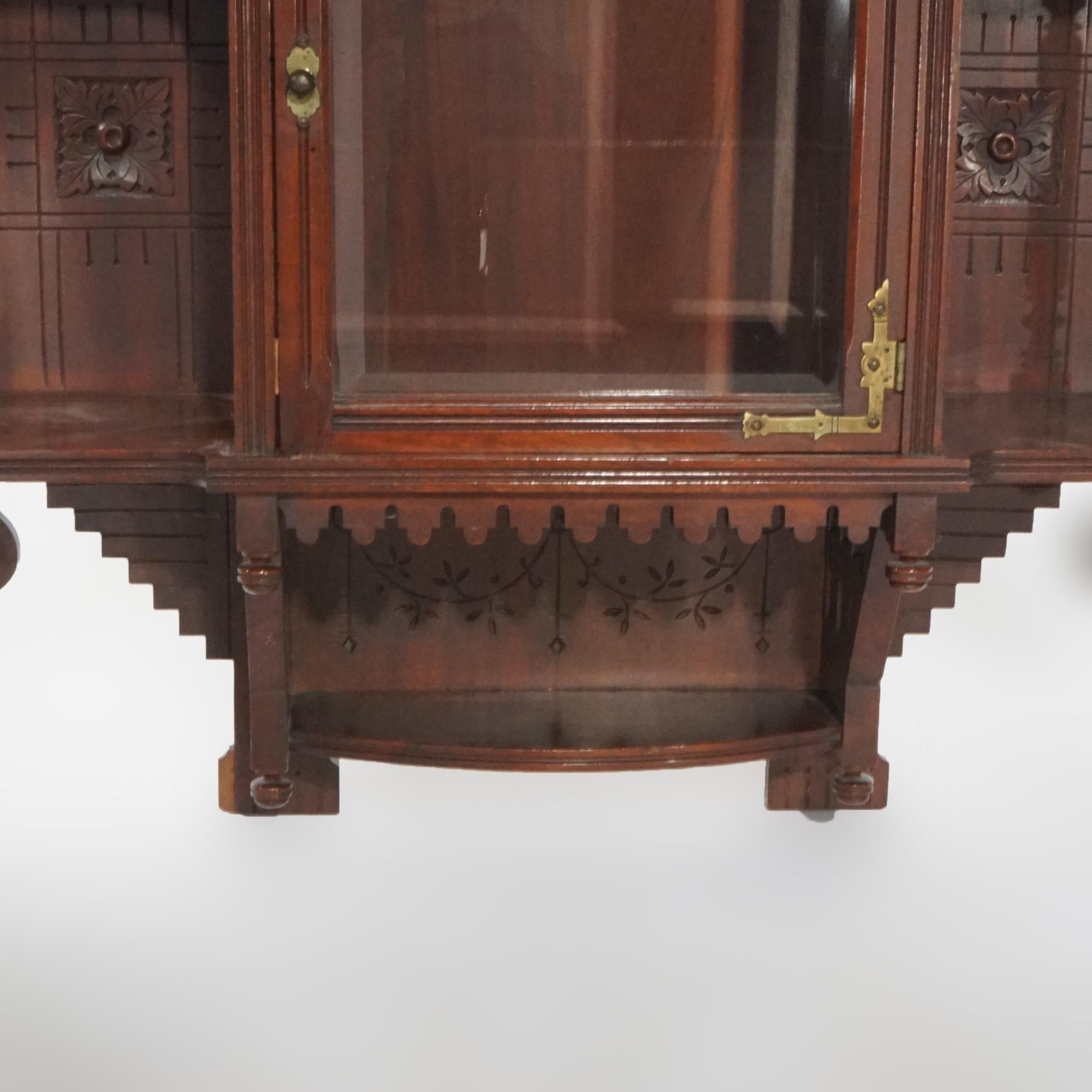 Antique Victorian Aesthetic Mirrored Carved Mahogany Hanging Wall Cabinet, c1890 7