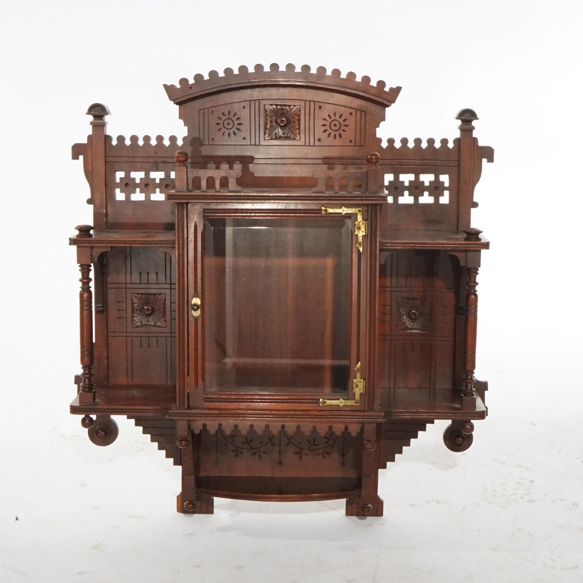 Antique Victorian Aesthetic Mirrored Carved Mahogany Hanging Wall Cabinet, c1890 In Good Condition In Big Flats, NY