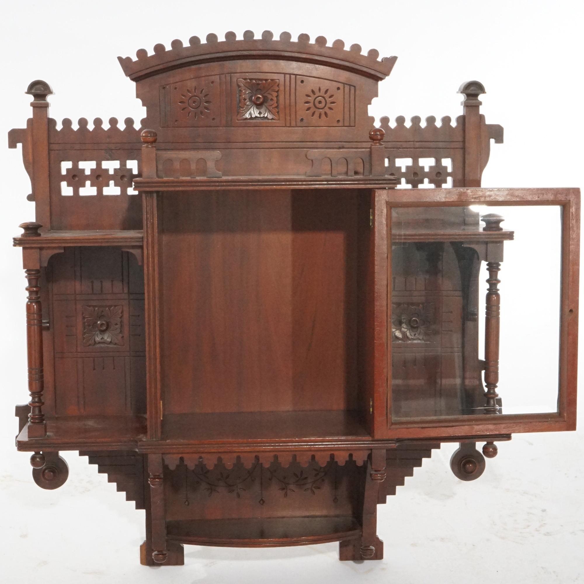 19th Century Antique Victorian Aesthetic Mirrored Carved Mahogany Hanging Wall Cabinet, c1890