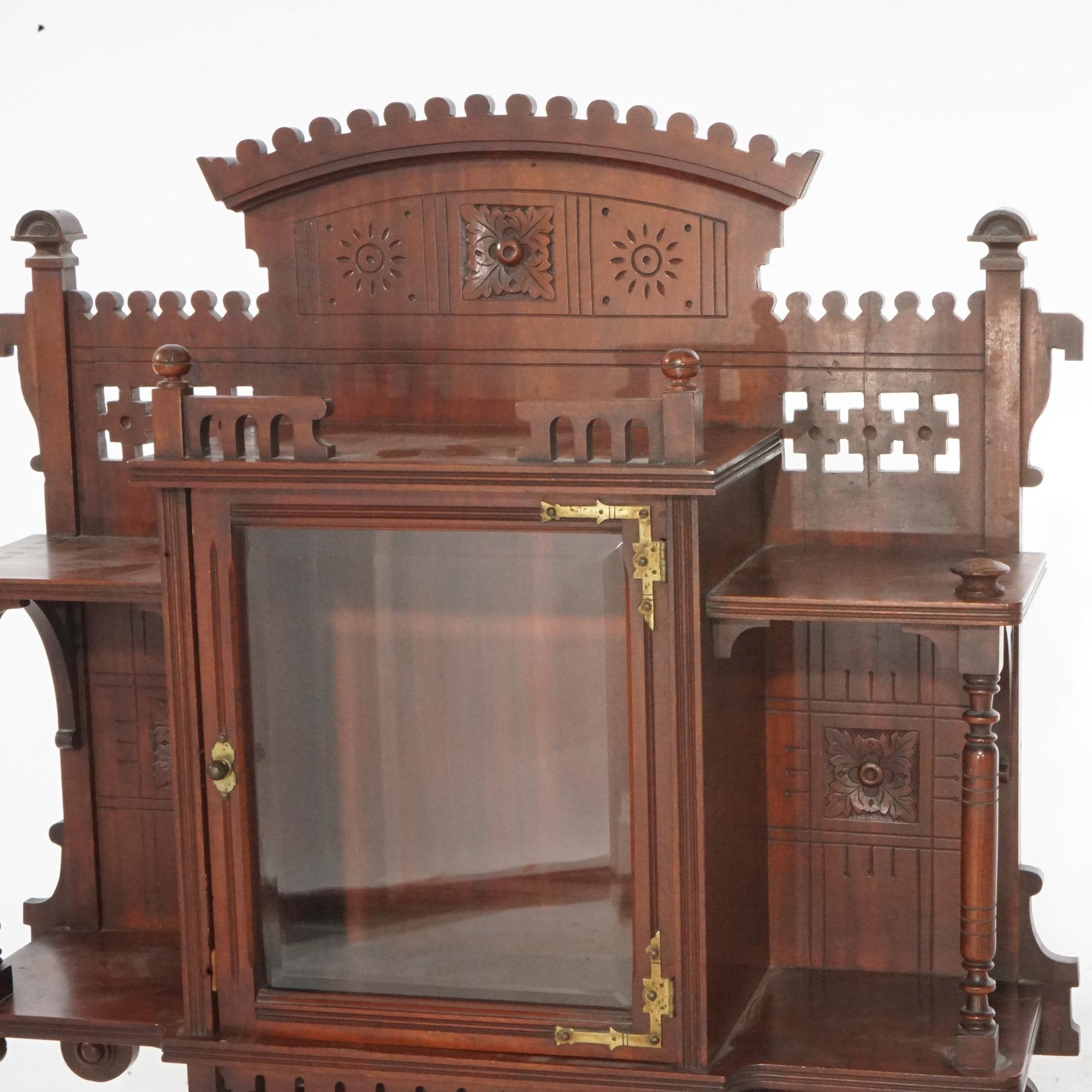 Antique Victorian Aesthetic Mirrored Carved Mahogany Hanging Wall Cabinet, c1890 1