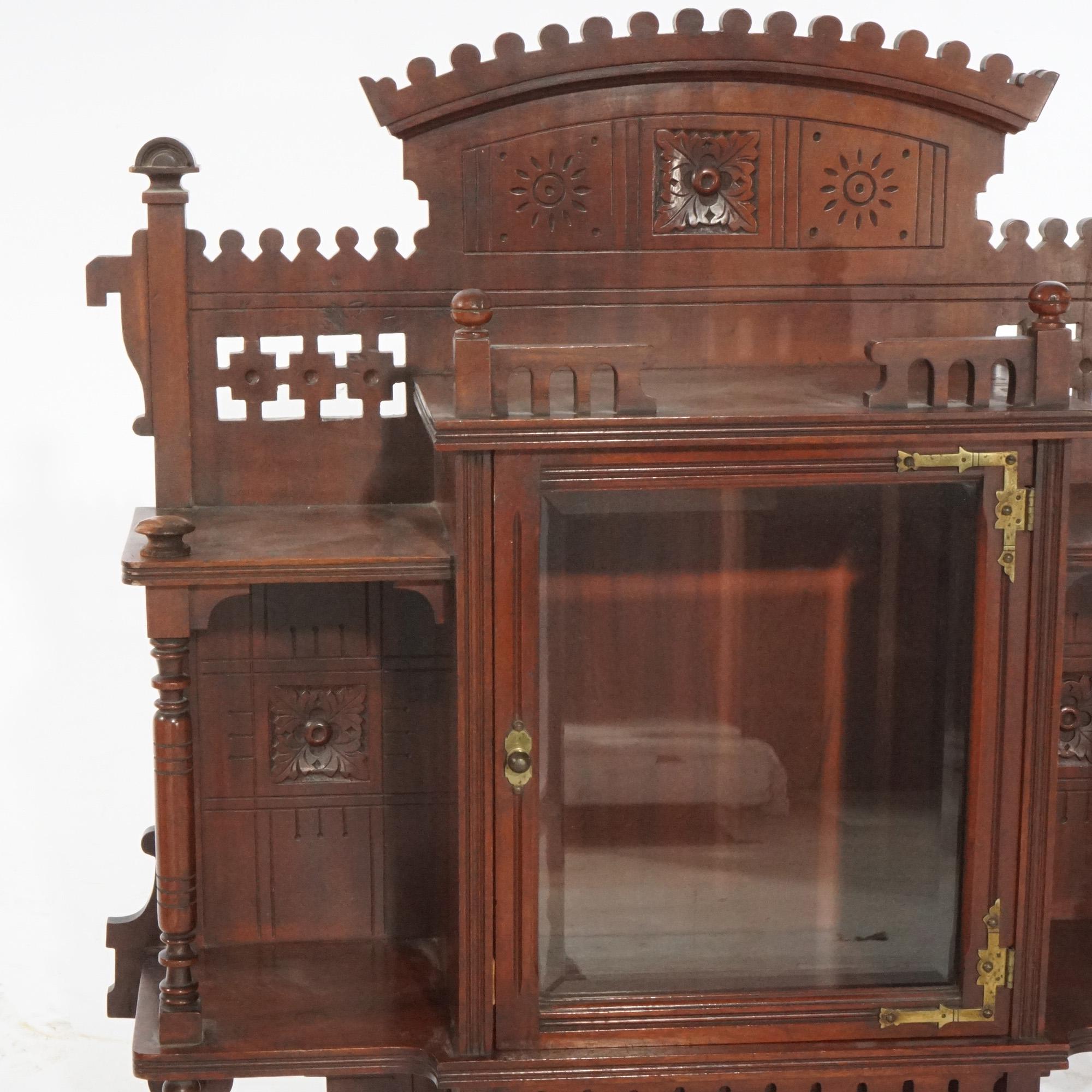 Antique Victorian Aesthetic Mirrored Carved Mahogany Hanging Wall Cabinet, c1890 3