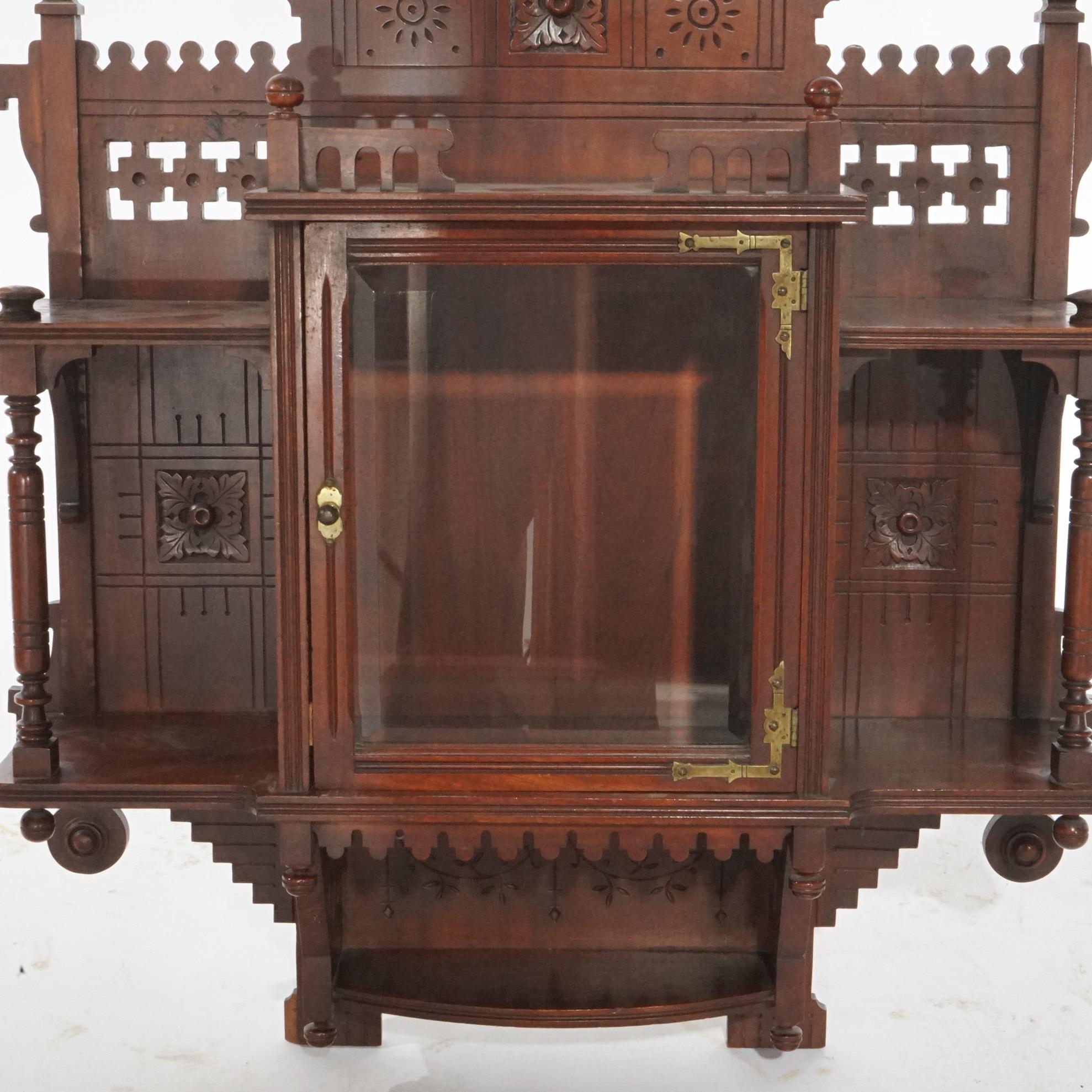 Antique Victorian Aesthetic Mirrored Carved Mahogany Hanging Wall Cabinet, c1890 4
