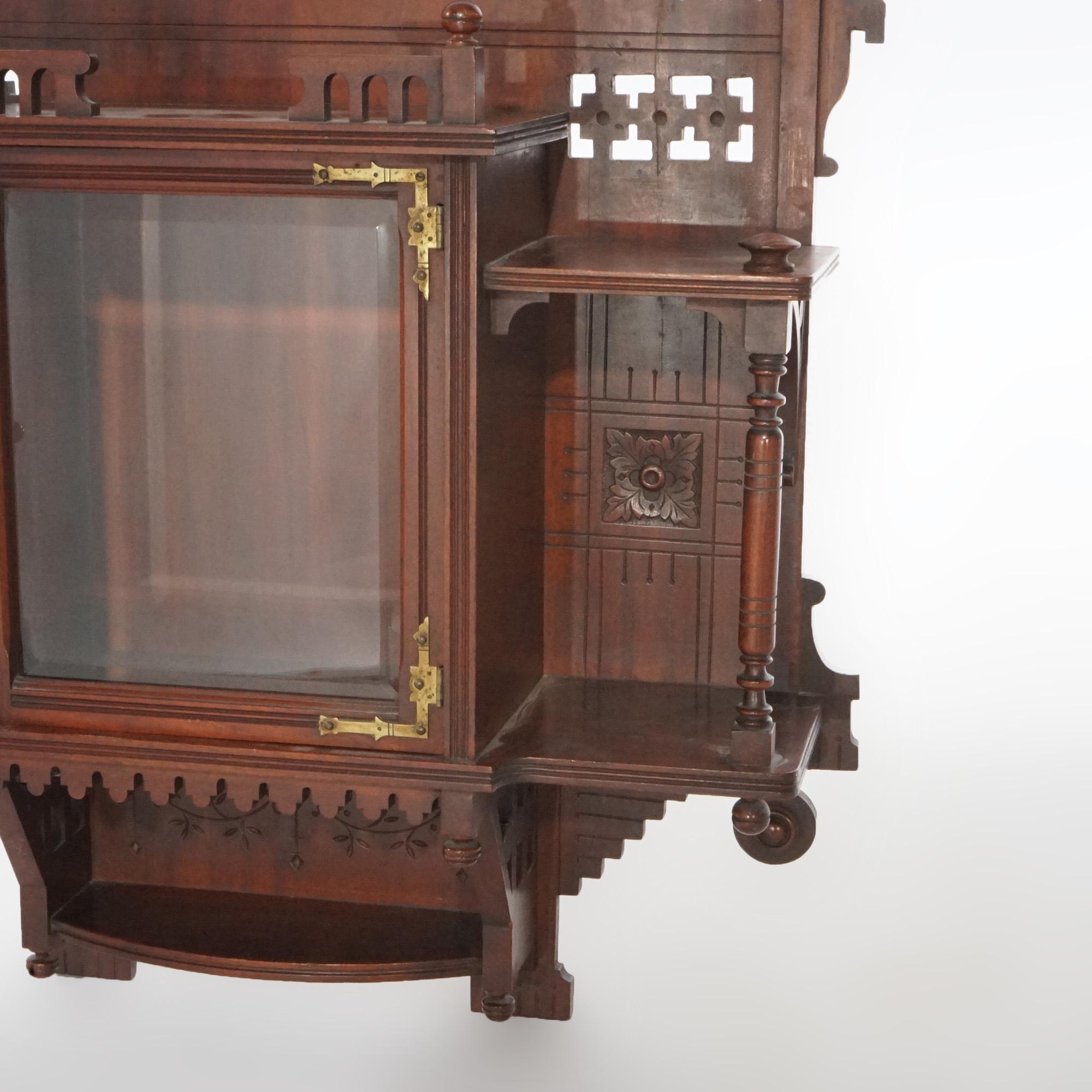 Antique Victorian Aesthetic Mirrored Carved Mahogany Hanging Wall Cabinet, c1890 5