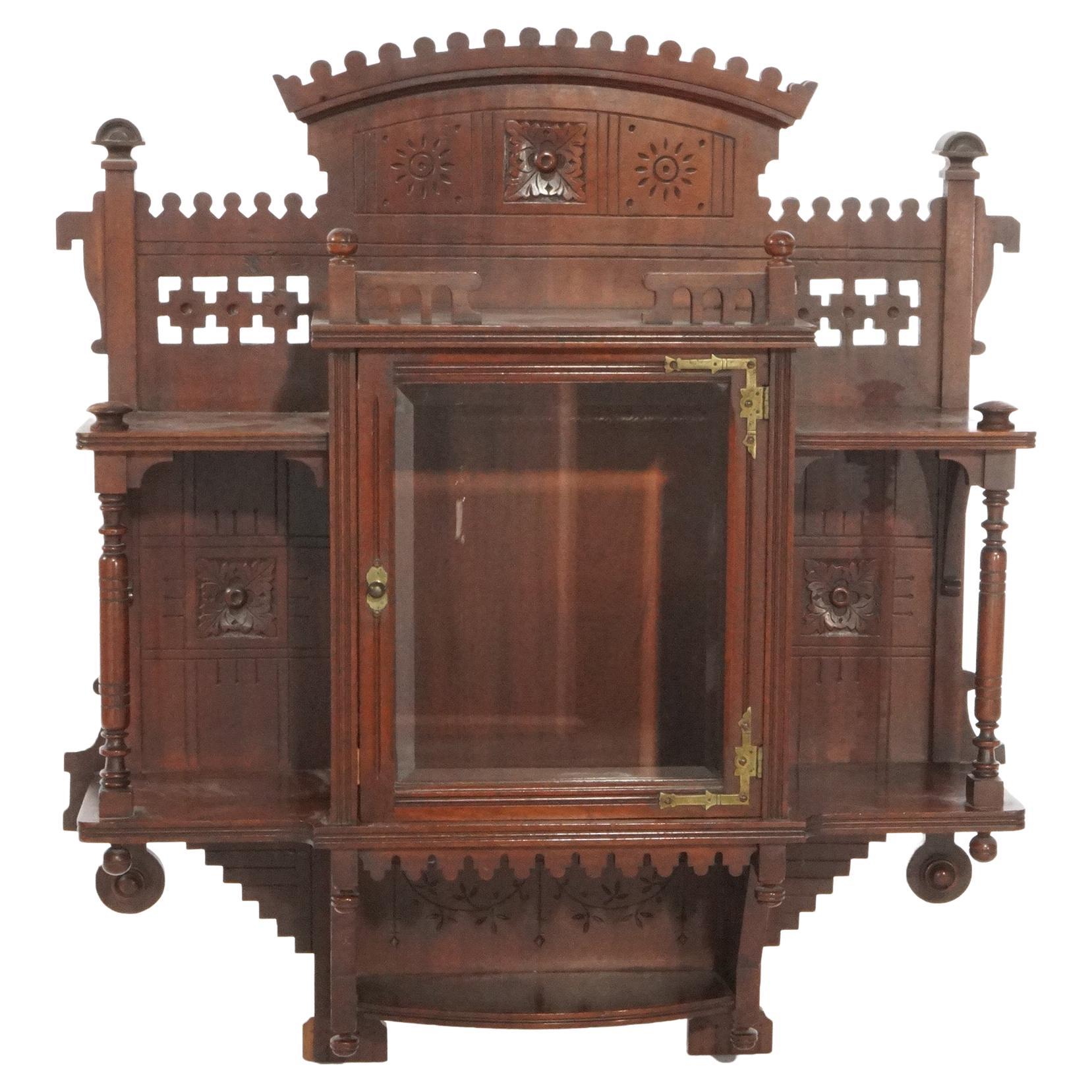 Antique Victorian Aesthetic Mirrored Carved Mahogany Hanging Wall Cabinet, c1890