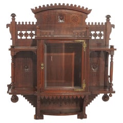 Antique Victorian Aesthetic Mirrored Carved Mahogany Hanging Wall Cabinet, c1890