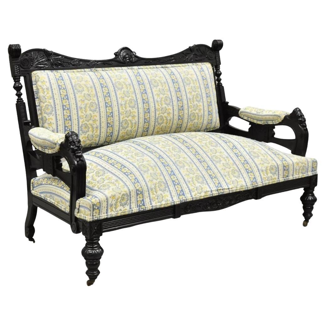 Antike viktorianische Aesthetic Movement Schwarz Ebonized Figural geschnitzt Loveseat Sofa