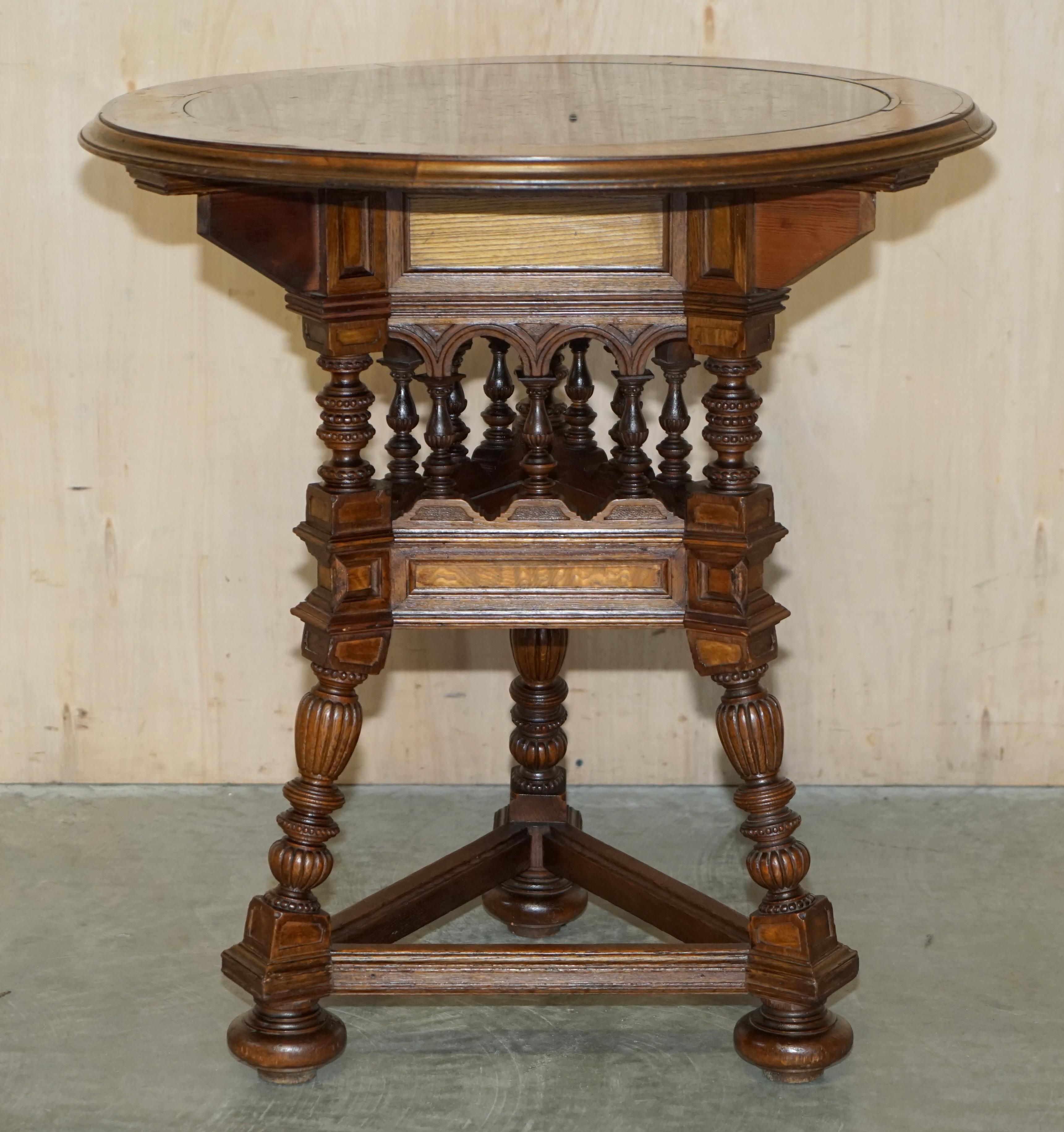 English Antique Victorian Aesthetic Movement Carved Oak Elm & Marble Occasional Table For Sale