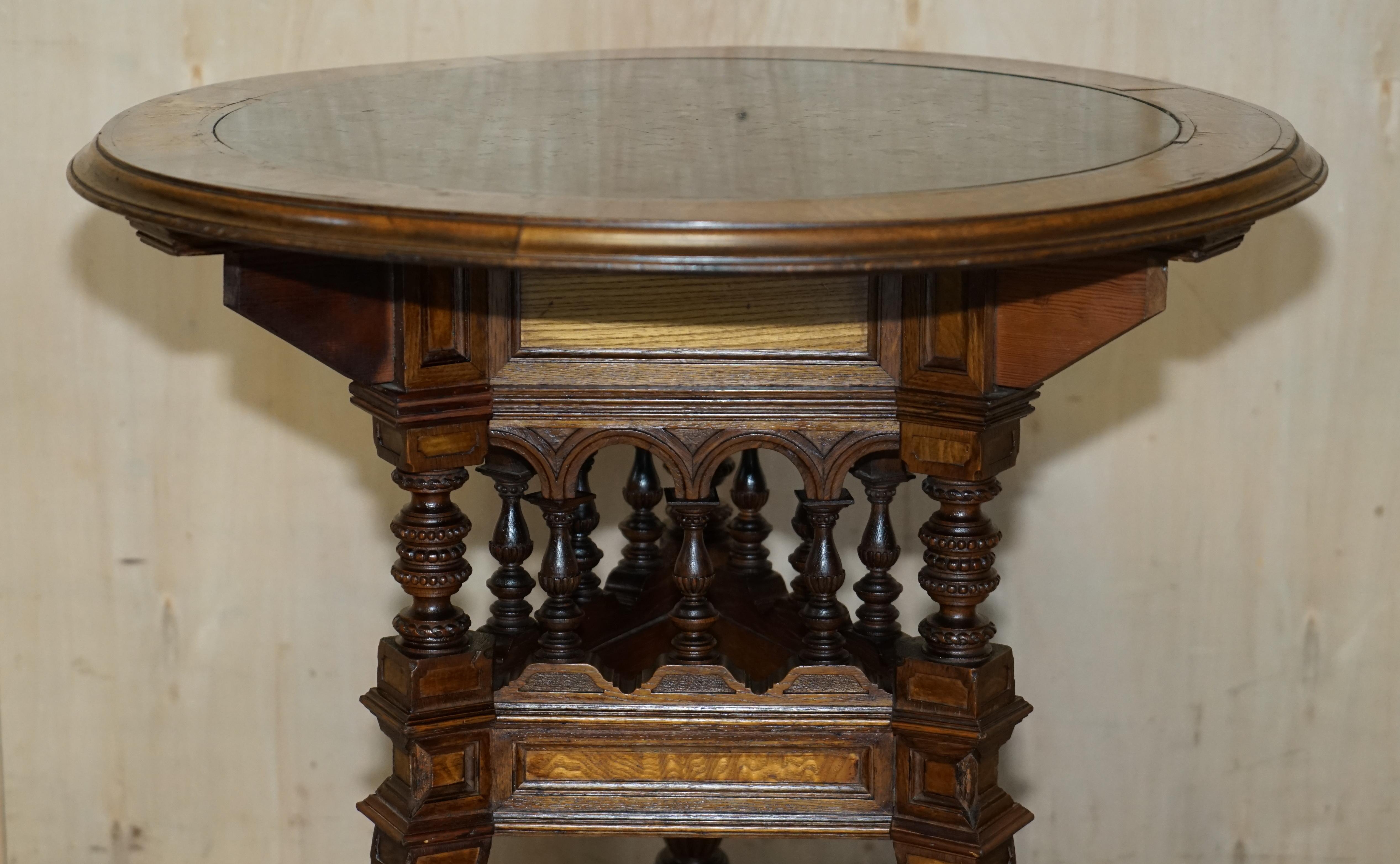 Hand-Crafted Antique Victorian Aesthetic Movement Carved Oak Elm & Marble Occasional Table For Sale