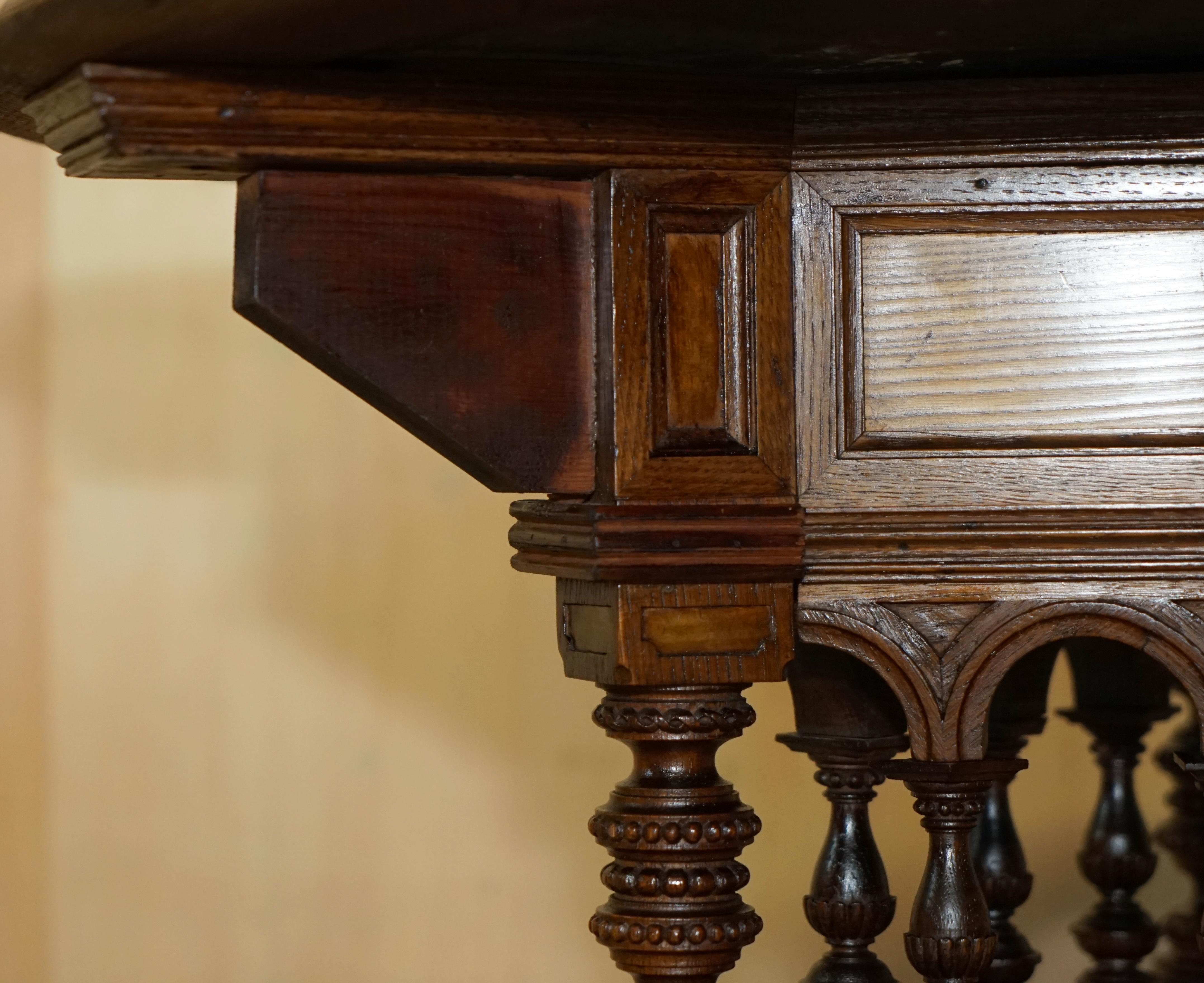 Antique Victorian Aesthetic Movement Carved Oak Elm & Marble Occasional Table For Sale 1