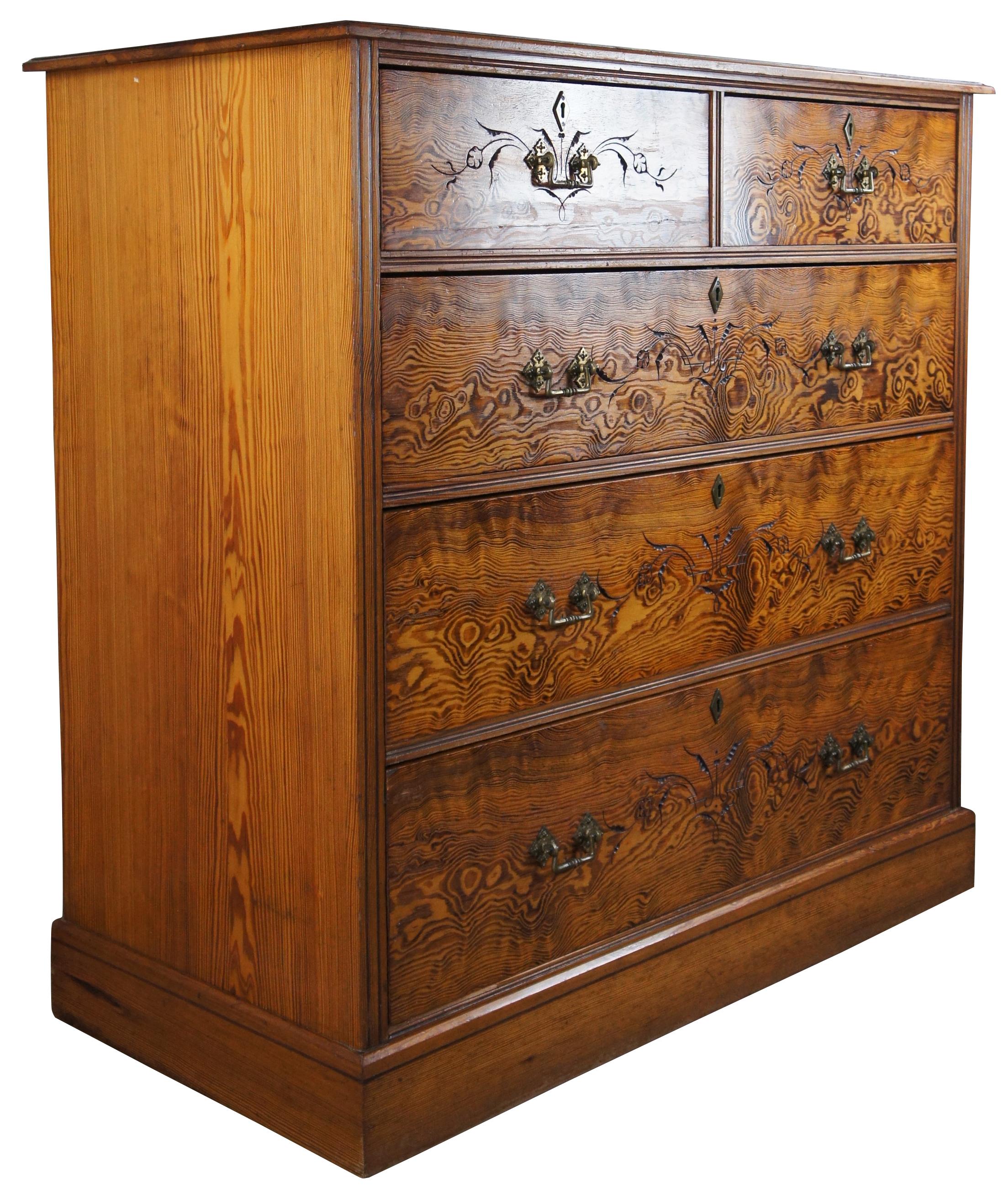 Antique aesthetic movement chest of drawers, circa 1880s. Made from curly pine with four drawers feautring hand dovetailing, engraving and brass hardware.
    