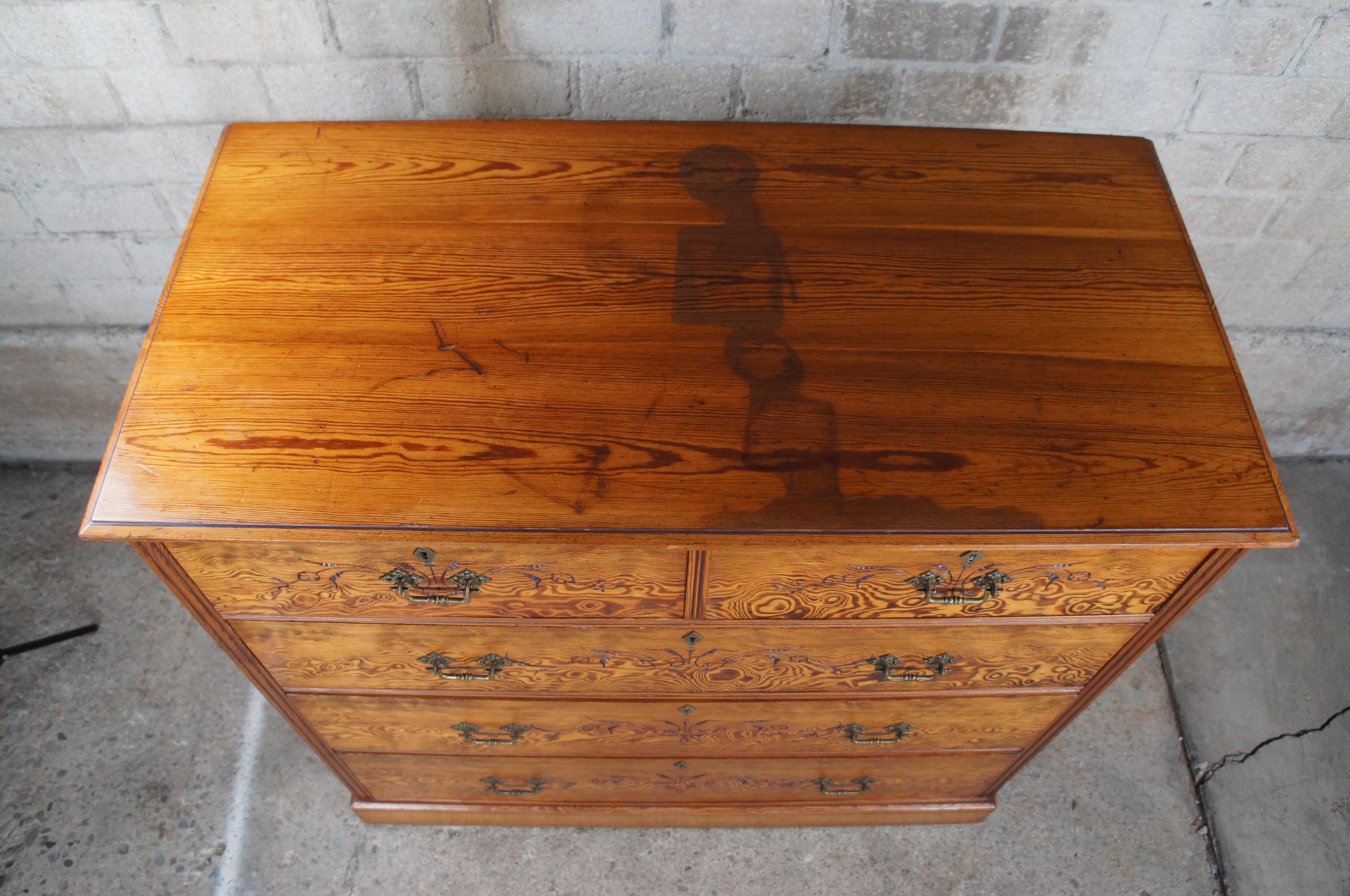 Antique Victorian Aesthetic Movement Curly Pine Chest of Drawers Dresser VR Lock In Good Condition In Dayton, OH