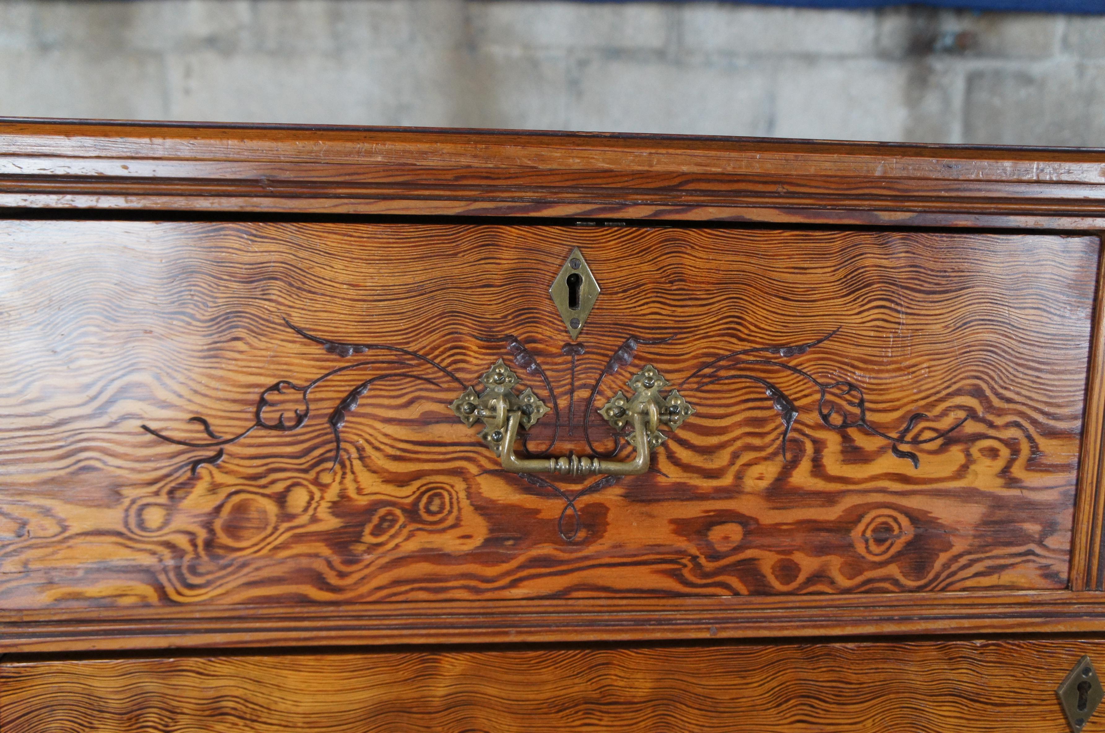 Late 19th Century Antique Victorian Aesthetic Movement Curly Pine Chest of Drawers Dresser VR Lock
