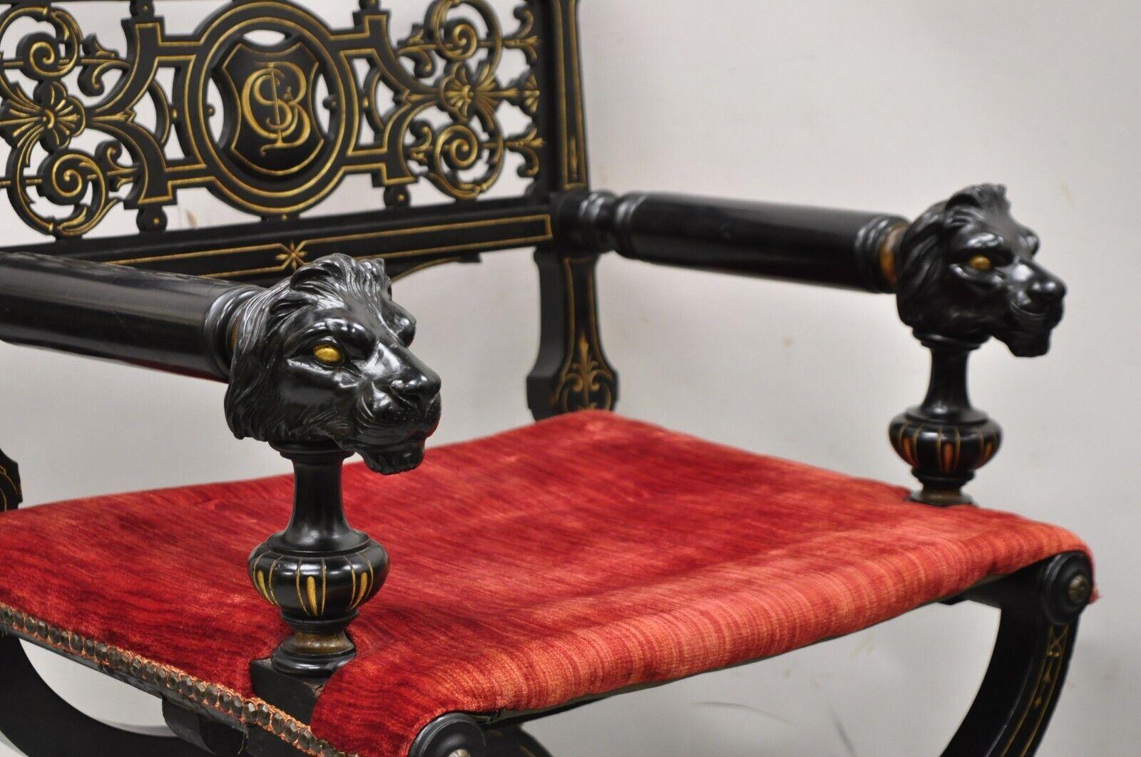 Lacquered Antique Victorian Aesthetic Movement Ebonized Curule Throne Arm Chair with Lions For Sale