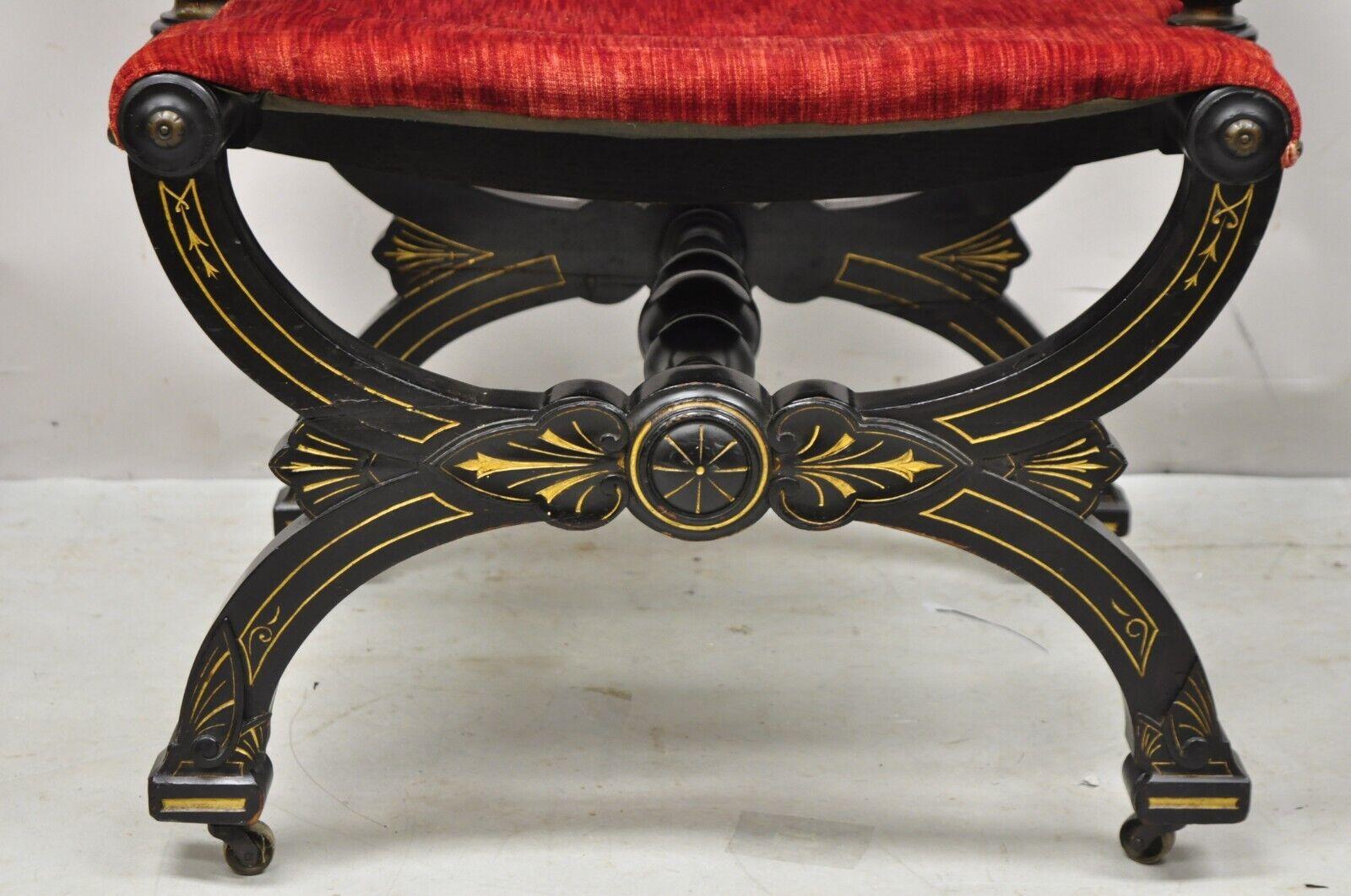 20th Century Antique Victorian Aesthetic Movement Ebonized Curule Throne Arm Chair with Lions For Sale